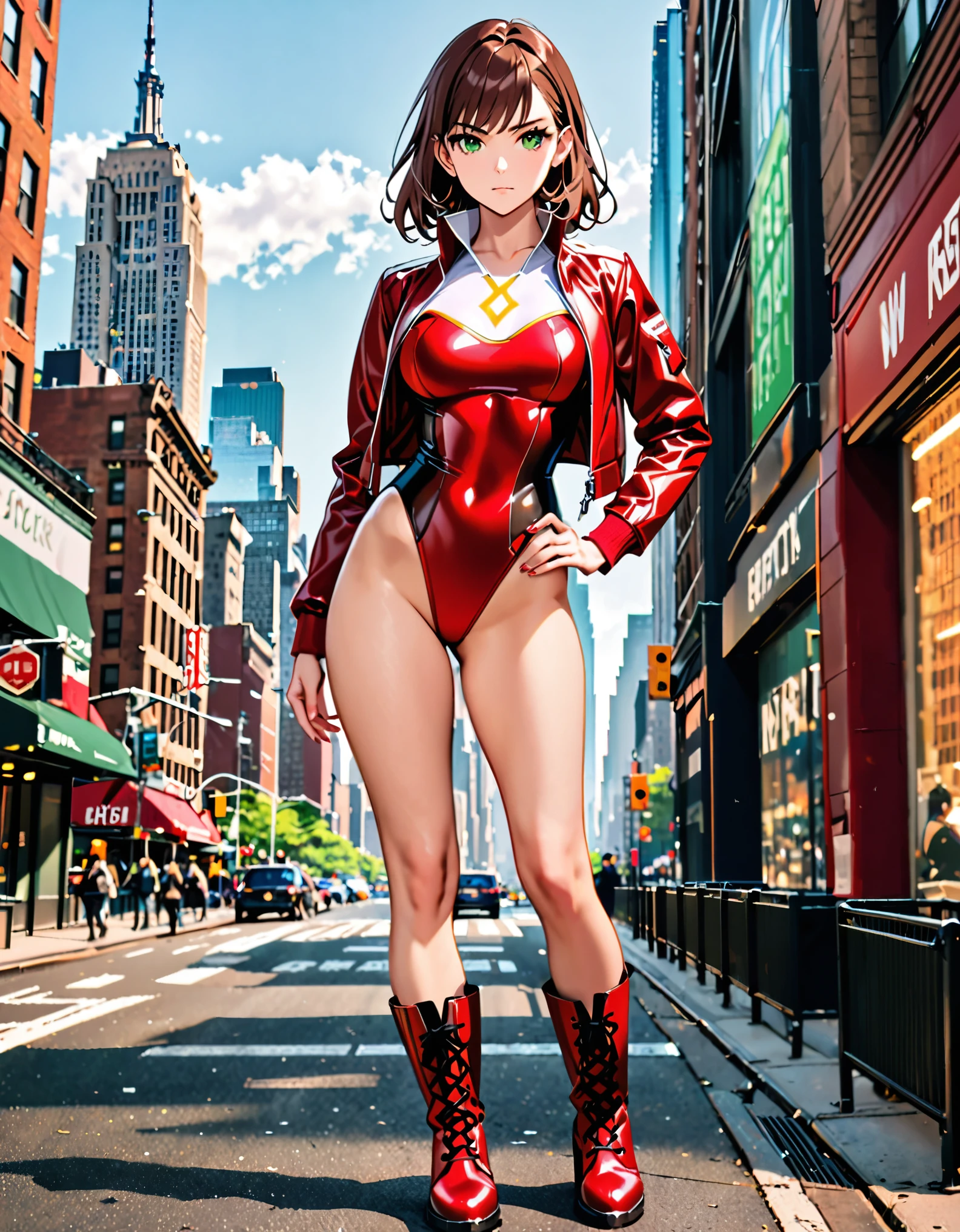 (masterpiece), (best quality), (high res), 1lady, tall body, beautiful detailed eyes, beautiful detailed face, serious, perfect hands, complete fingers, perfect anatomy, perfect proportions, ((brown hair, medium hair)), ((green eyes)), ((leotard, red leotard, matching leotard)), ((white dress collar, open collar)), ((bare legs)), ((boots, matching boots, ankle-high boots, red boots)), breasts, medium breasts, (full body portrait), looking at viewer, solo, solo focus, standing, one hand on hip, cowboy shot, new york backdrop, (yellow V symbol on chest), (red leather jacket, open jacket), full body costume design.