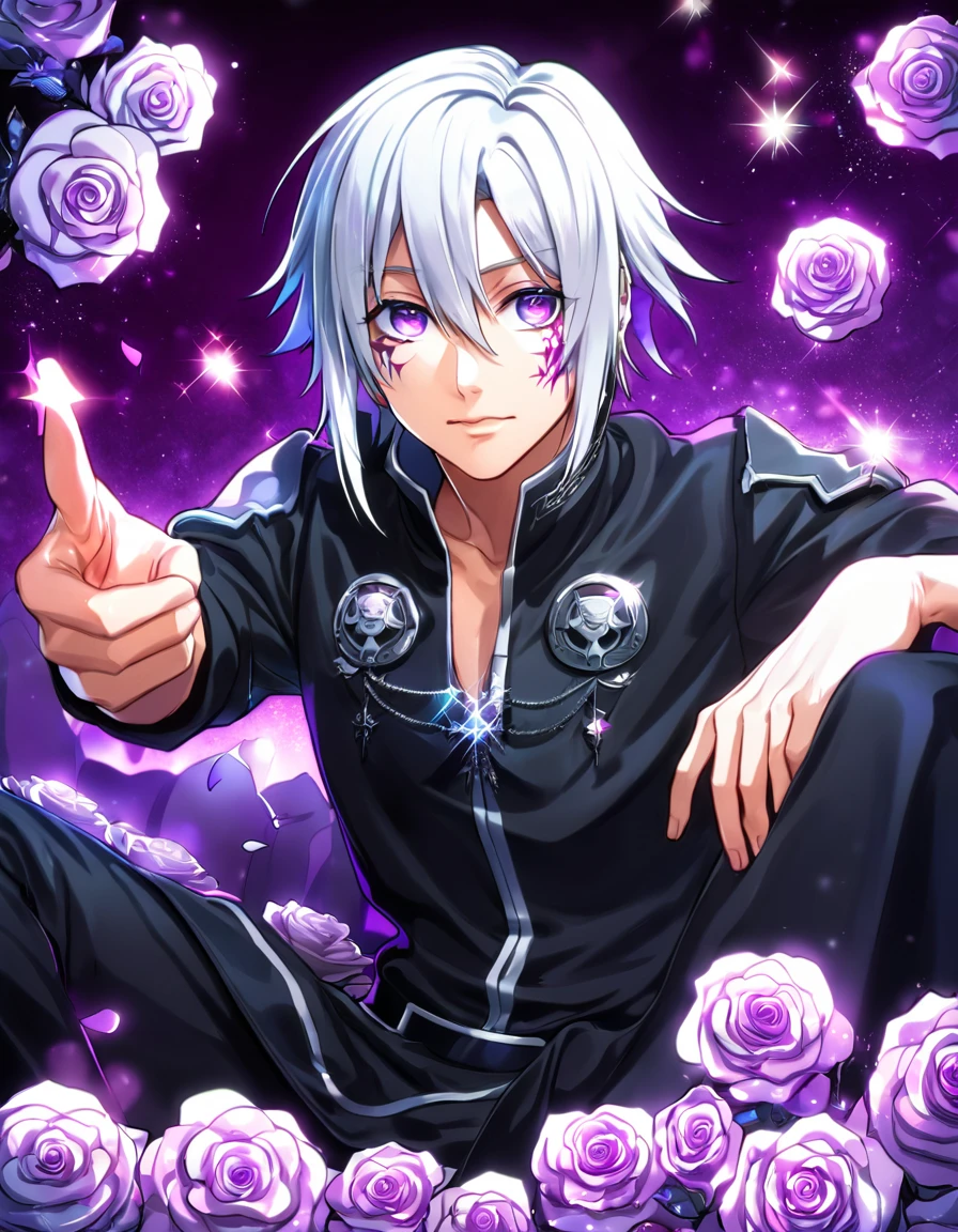 absurdres, highres, ultra detailed, HDR, master piece, best quality, Allen Walker, white hair, hair between the eyes, expressive purple eyes, D.Gray-man, solo, sexy man, handsome, black clothes, sitting, magical, fantasy, purple background, purple roses, shining, purple petals, purple glittering fireflies