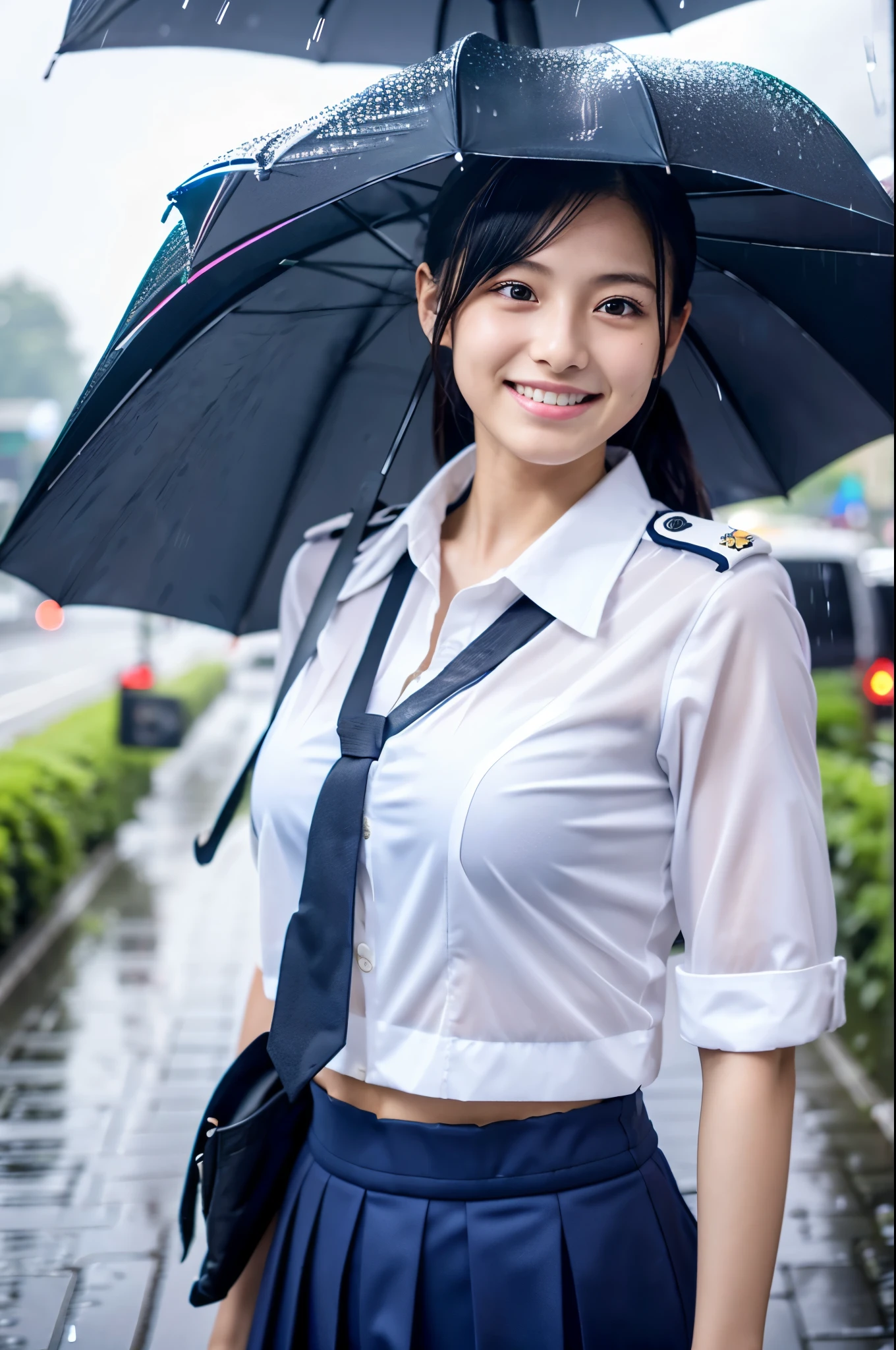 My hair got wet in the heavy rain, face and clothes soaked through.　Rain-soaked through face or dripping water　masterpiece、超High resolution、well done!、She has a very pretty face and is young like an idol.々Has a good figure.18-year-old Japanese female police officer、Gentle and cute、A gentle smile wet with rain、Police uniforms are bikini type, Show off your cleavage.、Breathe rain　soaked through　In the heavy rain、Walking on a city sidewalk in the daytime.　large size bust、whole body、(((Umbrellas are not displayed))),RAW Photos、Genuine、High resolution、Life、No copyright notice