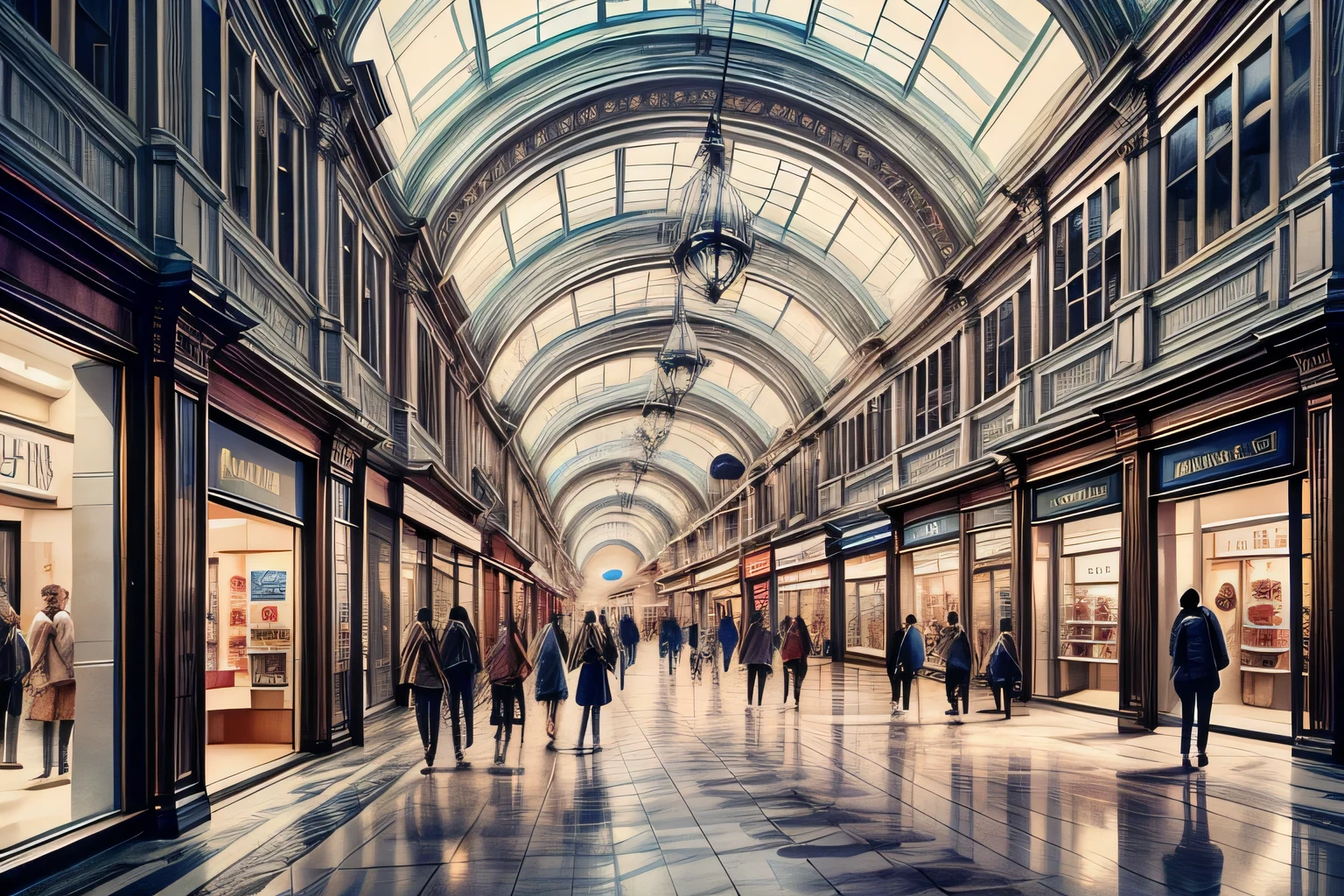 Shopping mall, Interior, Watercolor, art, art, Fantastic illustrations, upscale, fairy tale, Fairytale