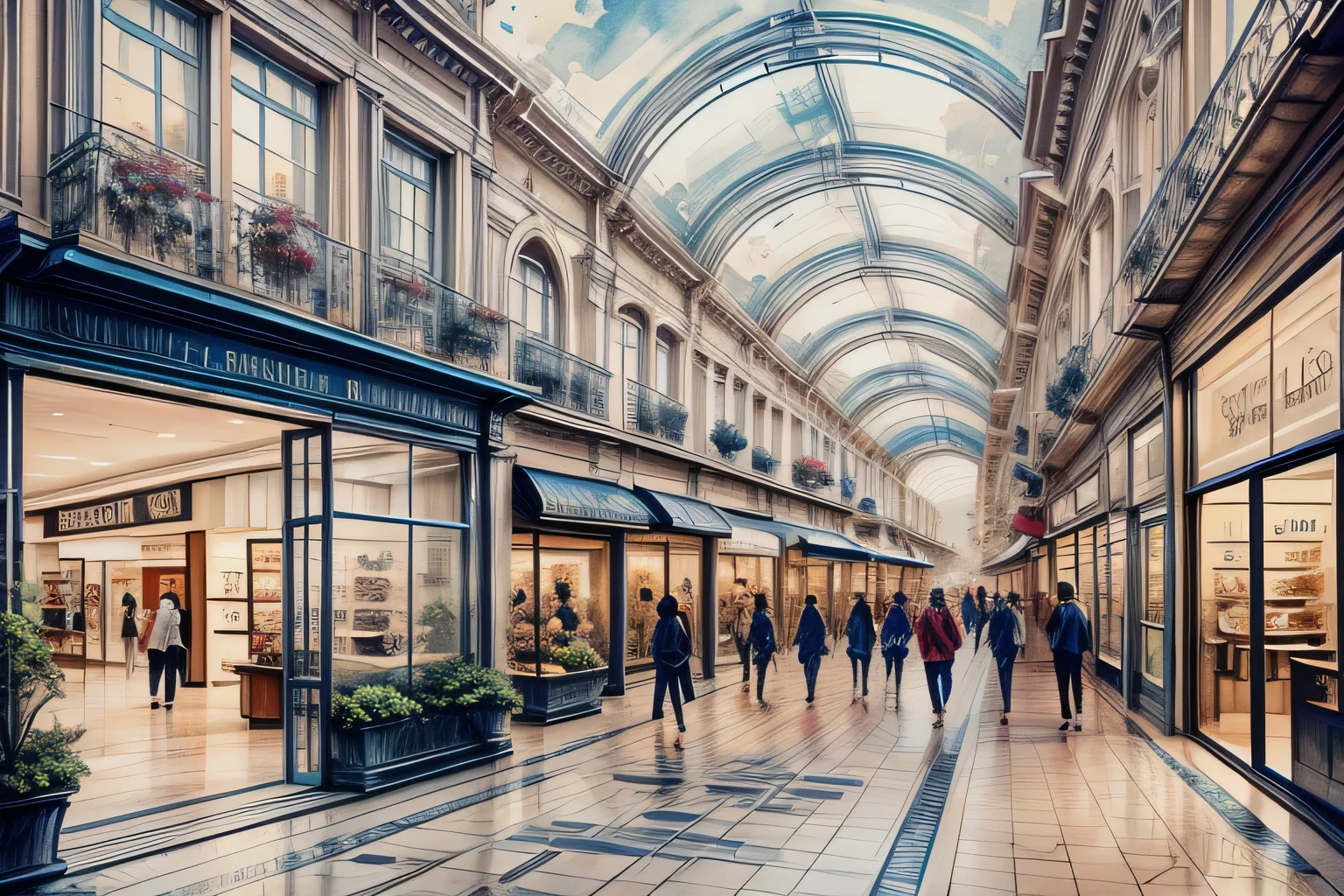 Shopping mall, Interior, Watercolor, art, art, Fantastic illustrations, upscale, fairy tale, Fairytale