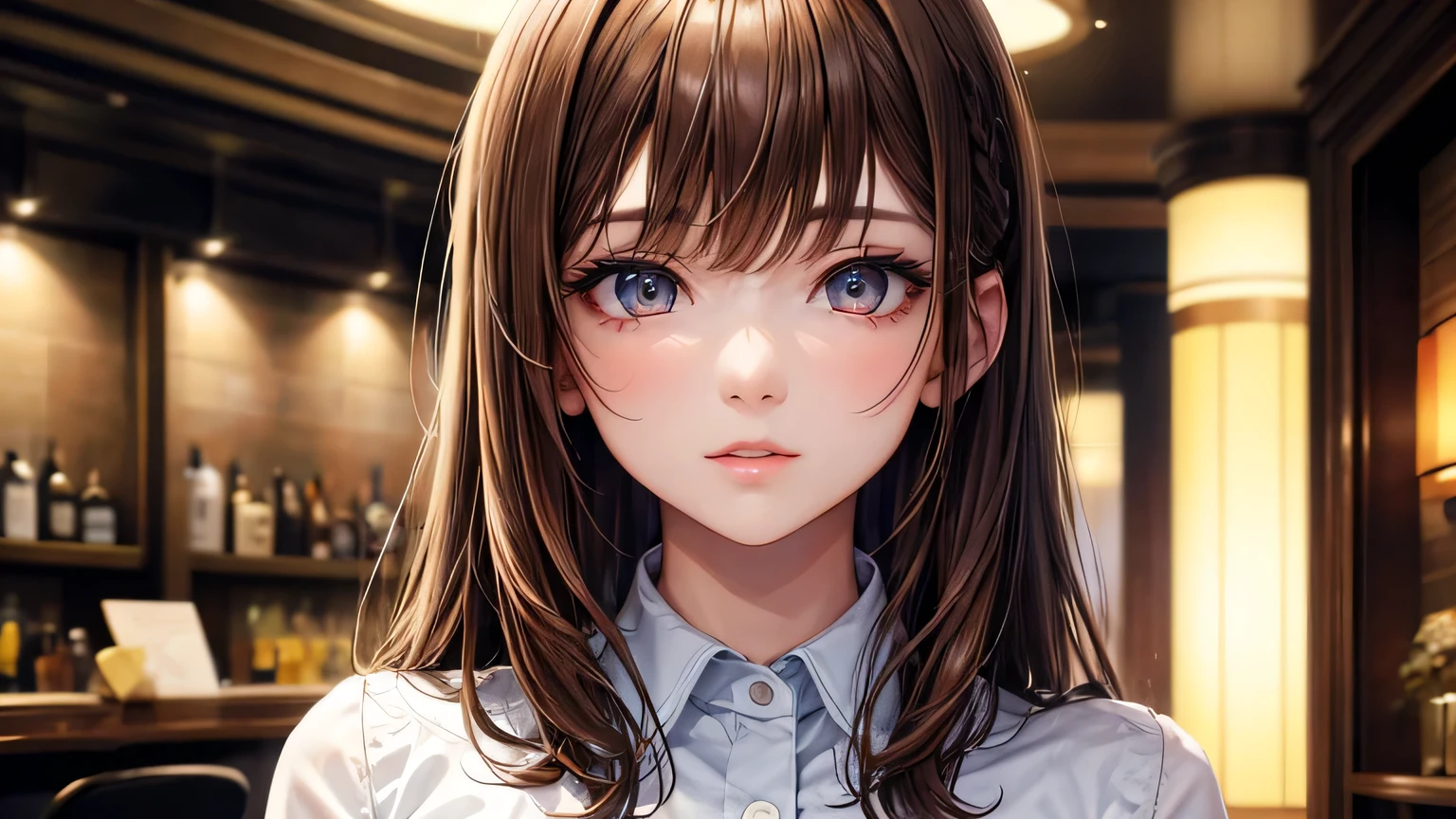 One woman : 1.3, Light brown hair: 1.2, , night: 1.2,In a fashionable bar: 1.1, Cinema Lighting, Ultra-high resolution, Accurate, Super detailed, Textured skin, High detail, highest quality, 8k,Thin bangs,Upper Body,Thick body, Well-drawn eyes, Focus on the face,summer,Fashionable shirts,Detailed hair depiction,Detailed depiction of eyes、Detailed depiction of hair、