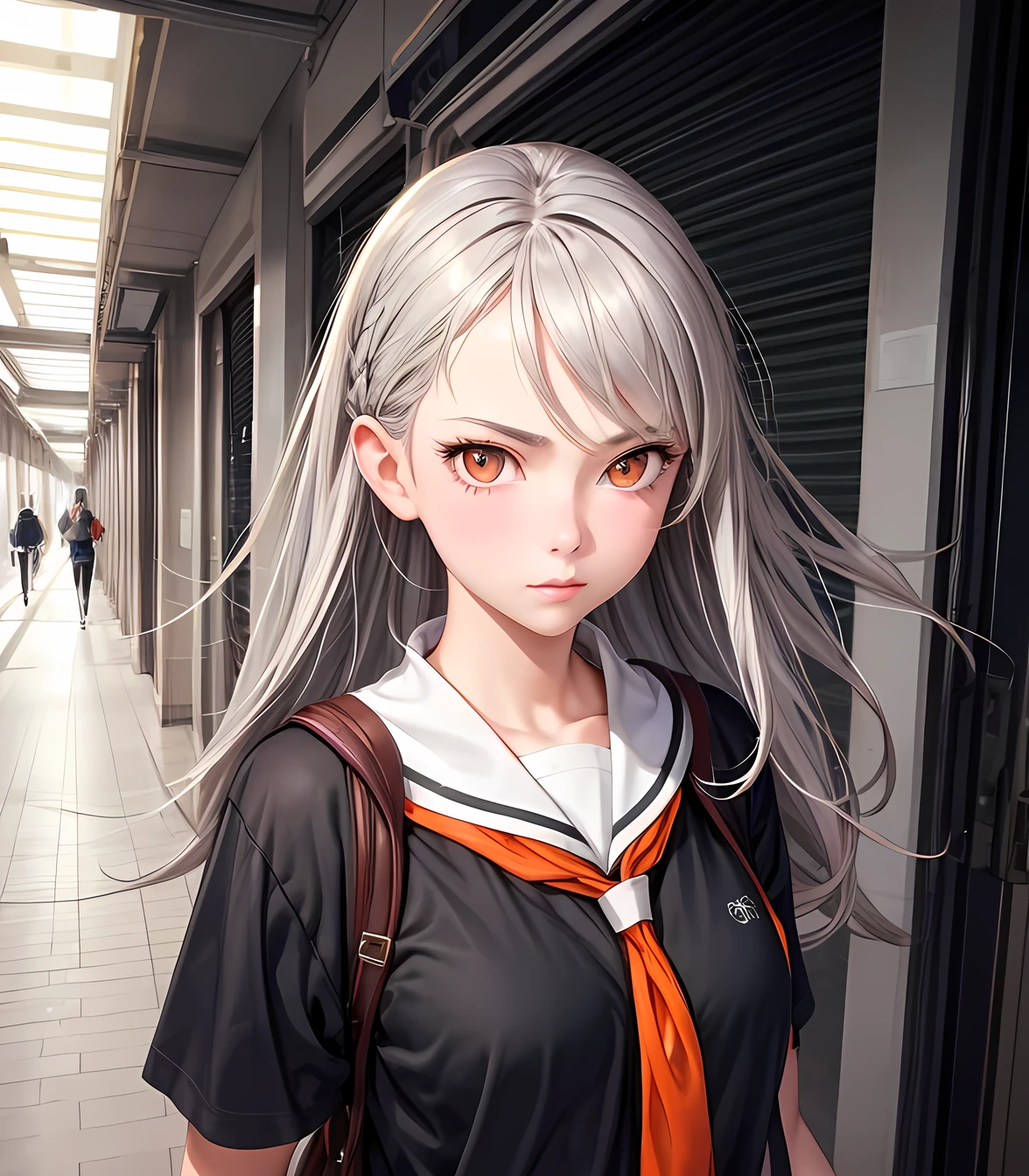 masterpiece, best quality, high detail, 1 girl, gray hair, orange eyes, , determined, upper body, realistic, school hallway, walking towards viewer, serious