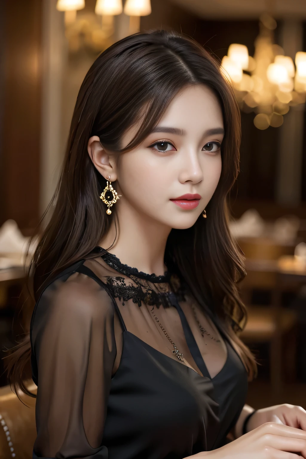 masterpiece, highest quality, Realistic, Very detailed, Finer details, High resolution, 8k wallpaper, One beautiful woman, Wear an elegant black see-through blouse, In a great restaurant, At night, Light brown messy hair, Perfect dynamic composition, Beautiful and beautiful eyes、Big earrings