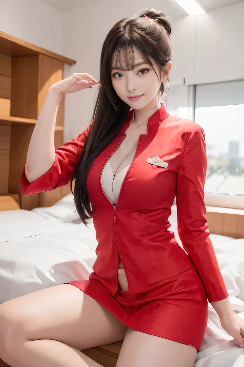 AirAsia red jacket uniform、Big Breasts、(AirAsia uniform white shirt unbuttoned）、（AirAsia uniform shirt showing big breasts）