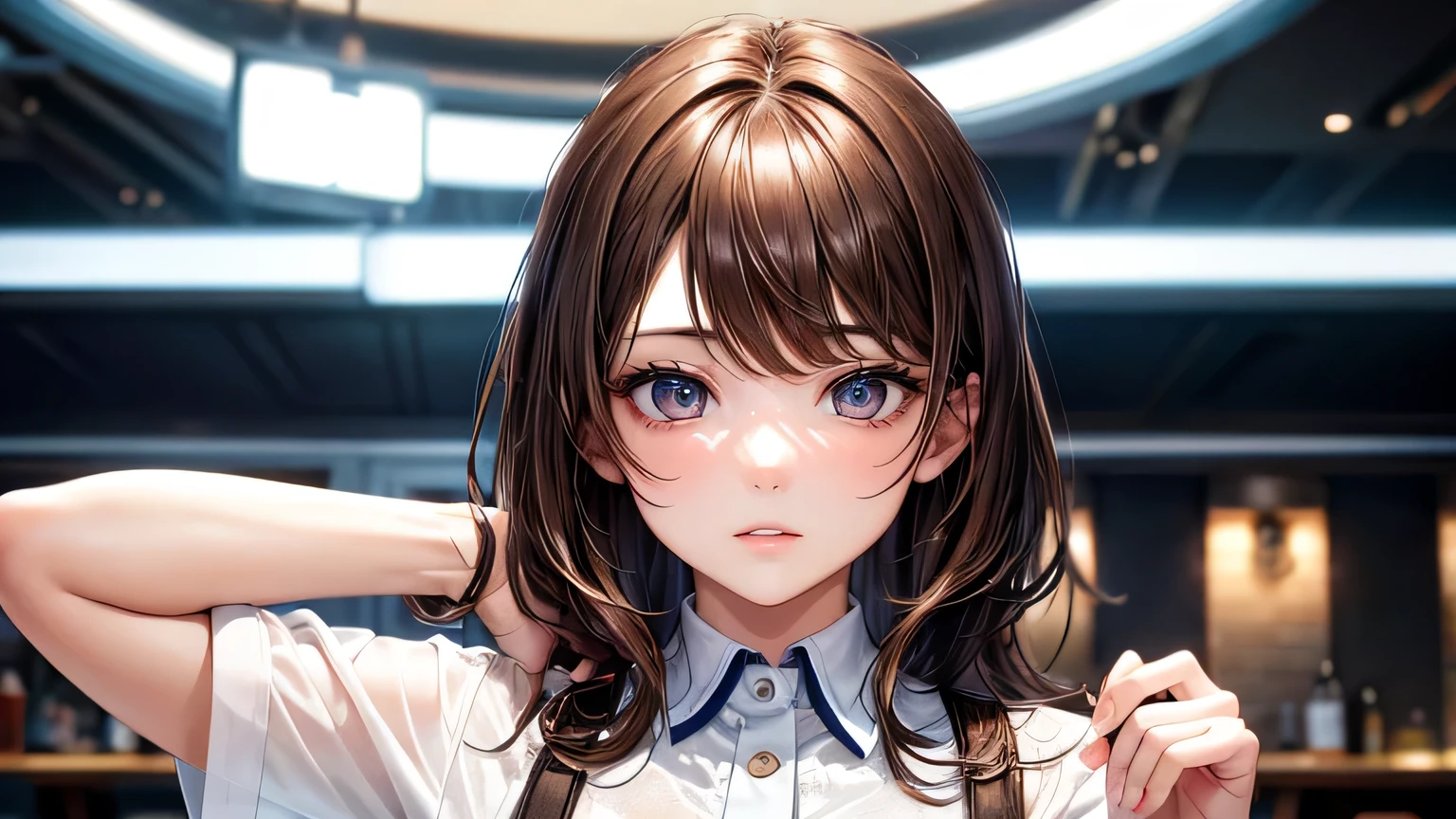 One woman : 1.3, Light brown hair: 1.2, , night: 1.2,In a fashionable bar: 1.1, Cinema Lighting, Ultra-high resolution, Accurate, Super detailed, Textured skin, High detail, highest quality, 8k,Thin bangs,Upper Body,Thick body, Well-drawn eyes, Focus on the face,summer,Fashionable shirts,Detailed hair depiction,Detailed depiction of eyes、Detailed depiction of hair、