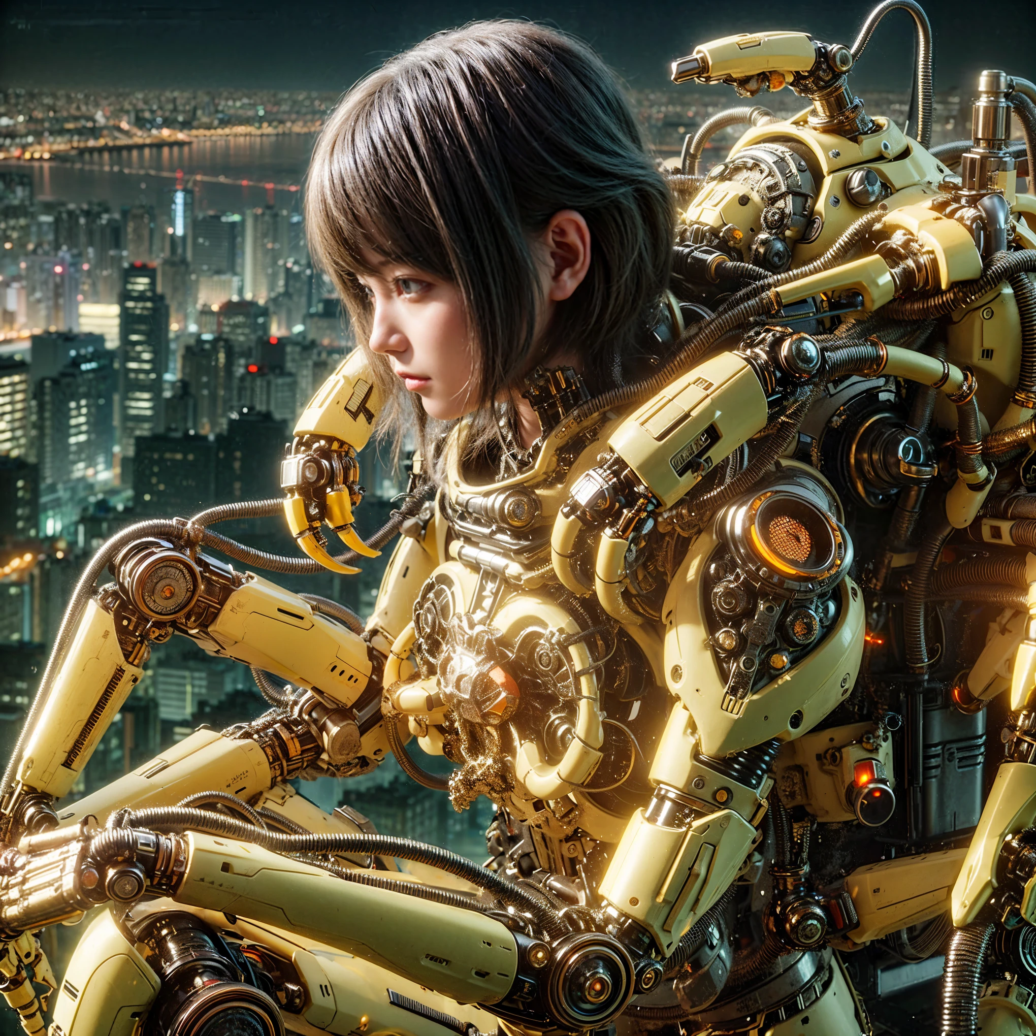 (top-quality:1.2, masterpiece), ultra high resolution, (Photorealsitic:1.4), (biopunk), (scorpion-type powered suit), light yellow base with silver and bronze accent,  (mechanical frame:1.3), 1 japanese girl, extremely realistic face, ((ultimately intricate all details)), (whole body picture), realistic shadow, octan render, 8K, ultrasharp, character edge light, Details of complex ornaments, Hydraulic cylinder, power cable, dystopia with a beautiful view at night,