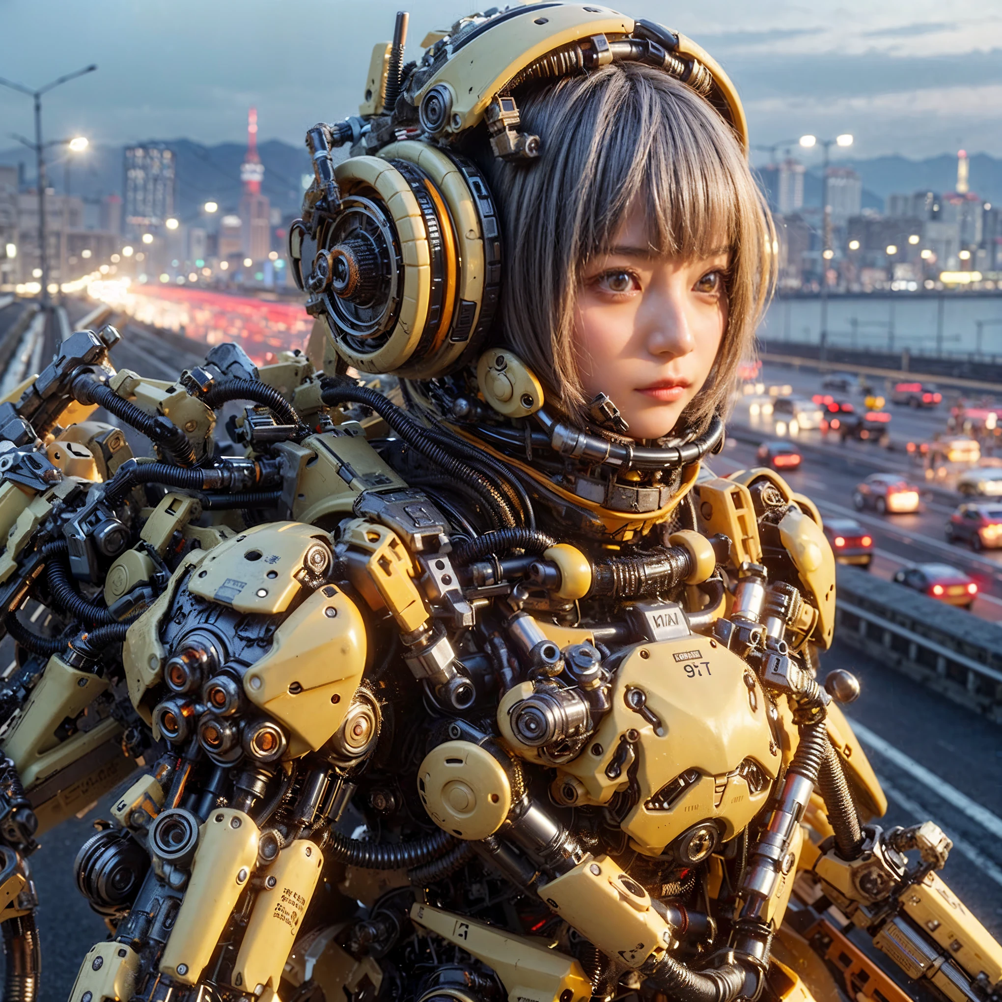 (top-quality:1.2, masterpiece), ultra high resolution, (Photorealsitic:1.4), (biopunk), (scorpion-type powered suit), light yellow base with silver and bronze accent, (mechanical frame:1.3), 1 japanese girl, extremely realistic face, ((ultimately intricate all details)), (whole body picture), realistic shadow, octan render, 8K, ultrasharp, character edge light, Details of complex ornaments, Hydraulic cylinder, power cable, dystopia with a beautiful view at night,