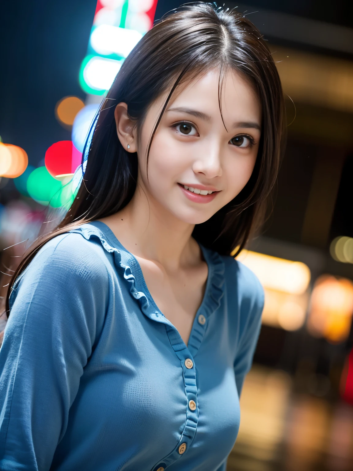 highest quality, figure, super detailed, finely, High resolution, 8k wallpaper, 完璧なダイナミックな構figure, beautiful skin, (big eyes), 20 year old beautiful girl, natural color lip, (sexy pose), mid chest, smile, Highly detailed face and skin texture, Detailed eyes, Double eyelid,leaking teeth and laughing, close-up, from side, medium brown hair, (blue cardigan), (trainer:1.2),sunset