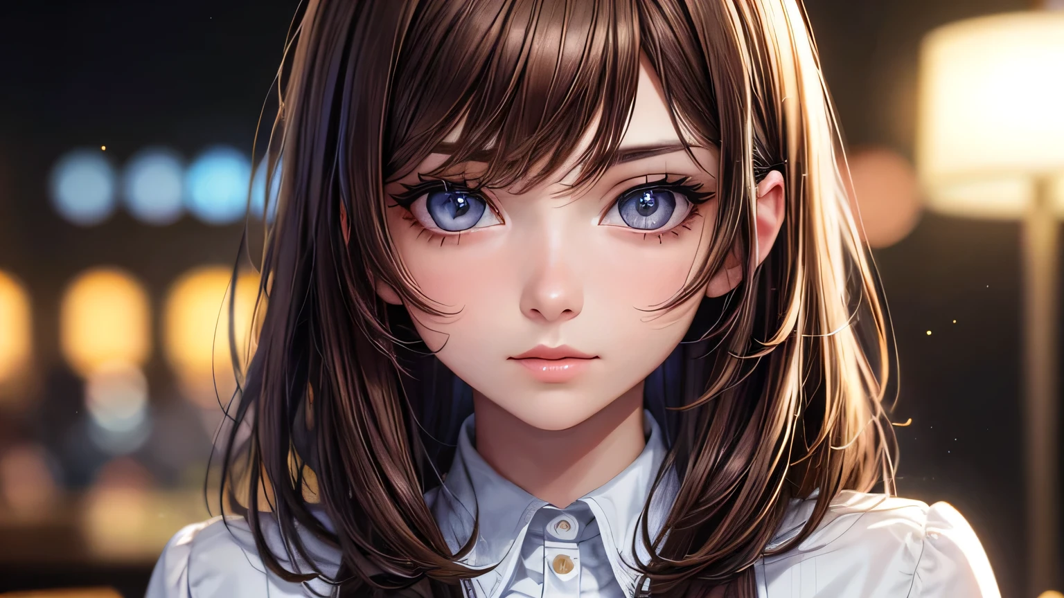 One woman : 1.3, Light brown hair: 1.2, , night: 1.2,In a fashionable bar: 1.1, Cinema Lighting, Ultra-high resolution, Accurate, Super detailed, Textured skin, High detail, highest quality, 8k,Thin bangs,Well-drawn eyes, Focus on the face,summer,Fashionable shirts,Detailed hair depiction,Detailed depiction of eyes、Detailed depiction of hair、