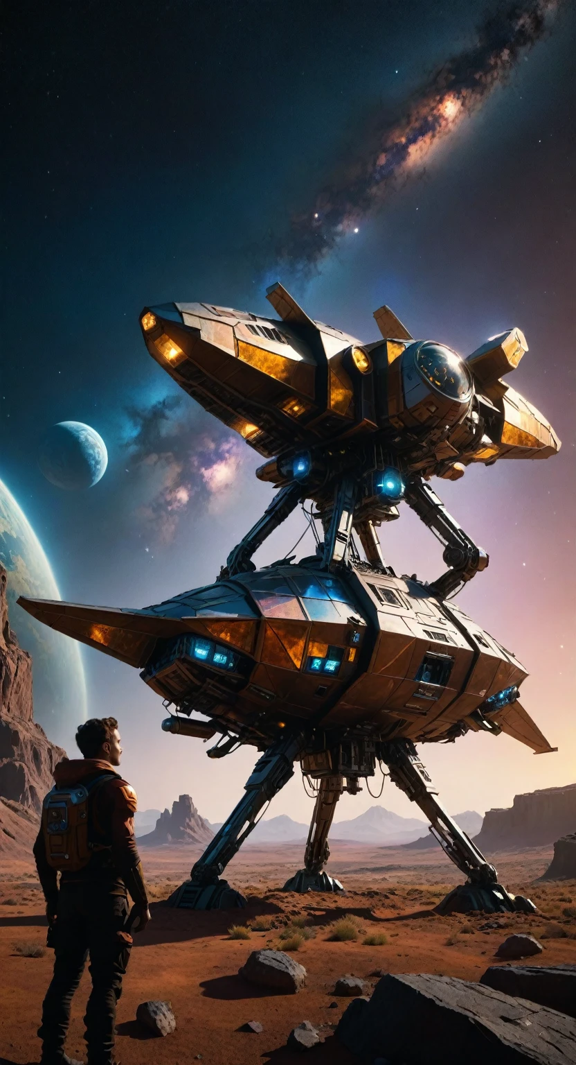  Here is the high-quality coherent stablediffusion prompt based on your input: 

In a warm, vibrant setting reminiscent of 16mm film, a stunning organic space ship from insect civilisation takes center stage against a dimly lit background. Inspired by Джеффри Хиршфилд, Paul Donovan, Lex Gigeroff, Michael Donovan works, cinematic lighting highlights the intricate details of this fantastical vessel. The camera frames the space ship's shimmering iridescent scales and delicate wings unfolding from its hull, with a warm glow emanating from within. A wojtek fus perches delicately in the foreground, gazing out at the cosmos with quiet contemplation.
. The camera's gaze is perfectly balanced, with shallow depth of field and precise features in focus. **Composition:** * Organic space ship centerpiece * Wojtek fus in foreground, gazing out at the cosmos * Cinematic lighting with warm vibrant tones and dramatic highlights **Technical Specifications:** * Resolution: 8K * Color Bit Depth: 32-bit * Model Polygons: One Billion * Lighting Style: Cinematic, with warm vibrant tones and dramatic highlights