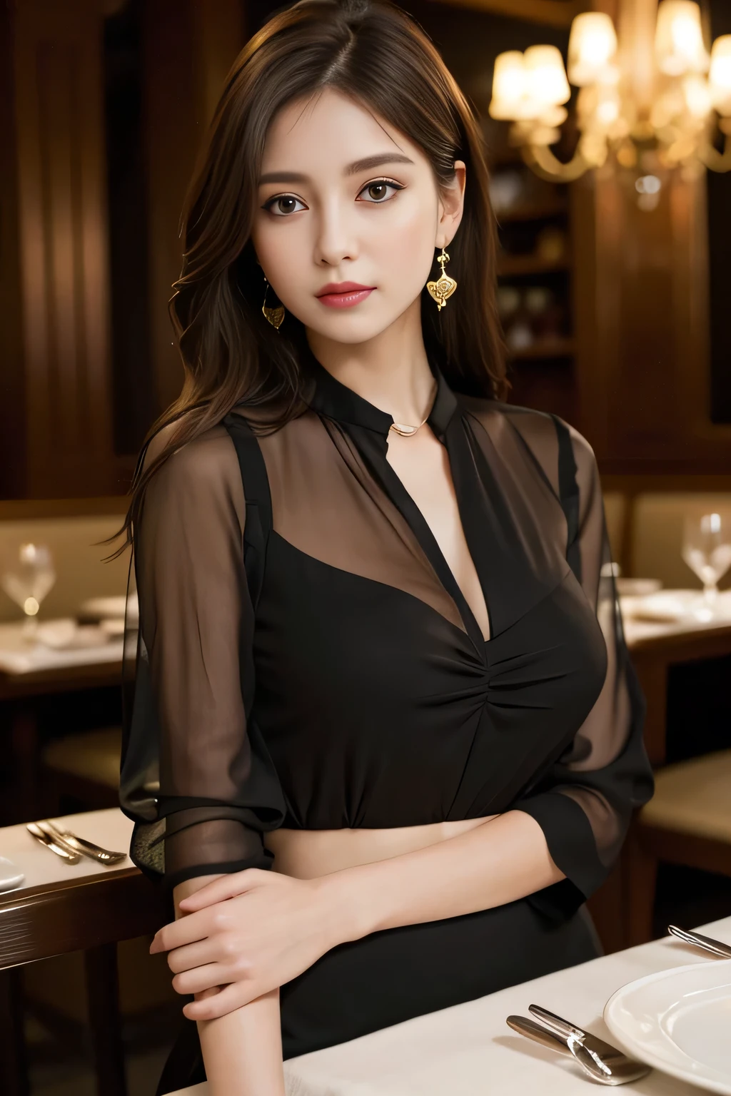 masterpiece, highest quality, Realistic, Very detailed, Finer details, High resolution, 8k wallpaper, One beautiful woman, Wear an elegant black see-through blouse, In a great restaurant, At night, Light brown messy hair, Perfect dynamic composition, Beautiful and beautiful eyes、Big earrings