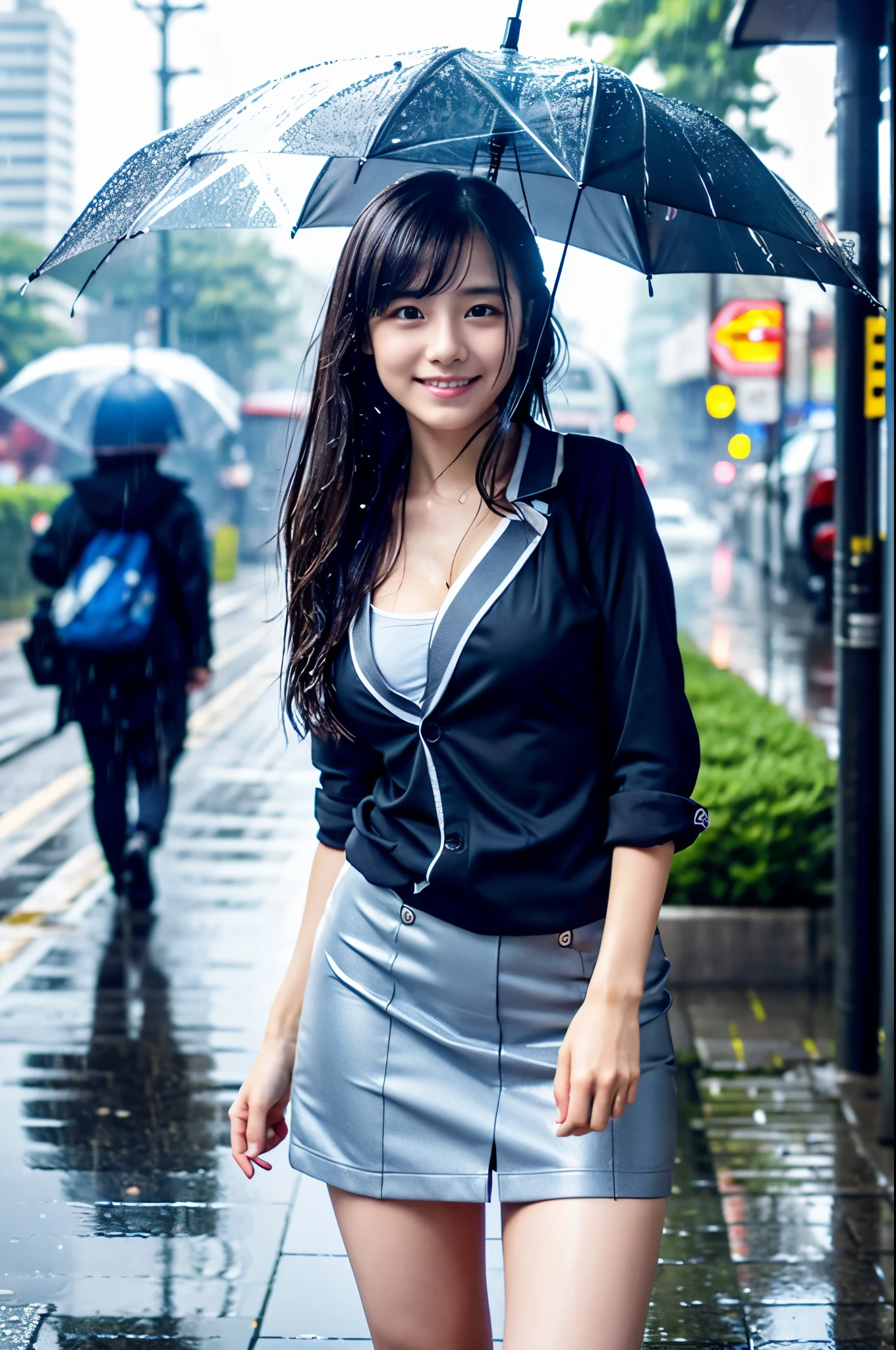 heavy rain,Daytime,Walking on a wet city sidewalk ,drenched, Dripping, Wet Face,Wet clothes, Wet Skin, Wet Hair,(A young woman with a cute face like an idol),(((Cleavage))),(business suit),(mini skirt),((Full body portrait)),RAW Photos,Genuine,Genuine,High resolution,RAW Photos,masterpiece, beautiful