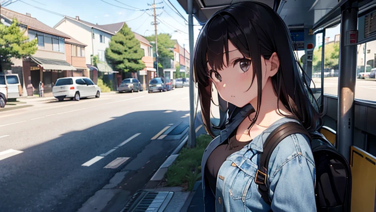 shiho Nishizumi,Blue jean jacket,Jeans pants,Semi-long hair,Ashime Hair,Brown Hair,Black Eyes,Big Breasts,Expressionless,From the side,Sunny scenery,Broken posture,Early morning bus stop,Meeting,At least one backpack,slightly muscular,Beautiful image quality,