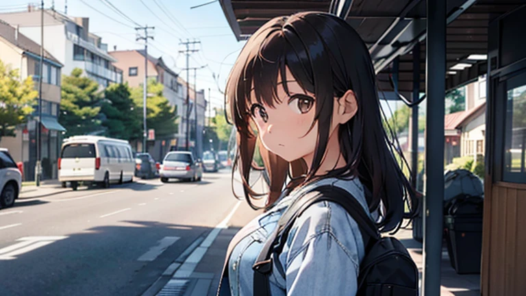 shiho Nishizumi,Blue jean jacket,Jeans pants,Semi-long hair,Ashime Hair,Brown Hair,Black Eyes,Big Breasts,Expressionless,From the side,Sunny scenery,Broken posture,Early morning bus stop,Meeting,At least one backpack,slightly muscular,Beautiful image quality,