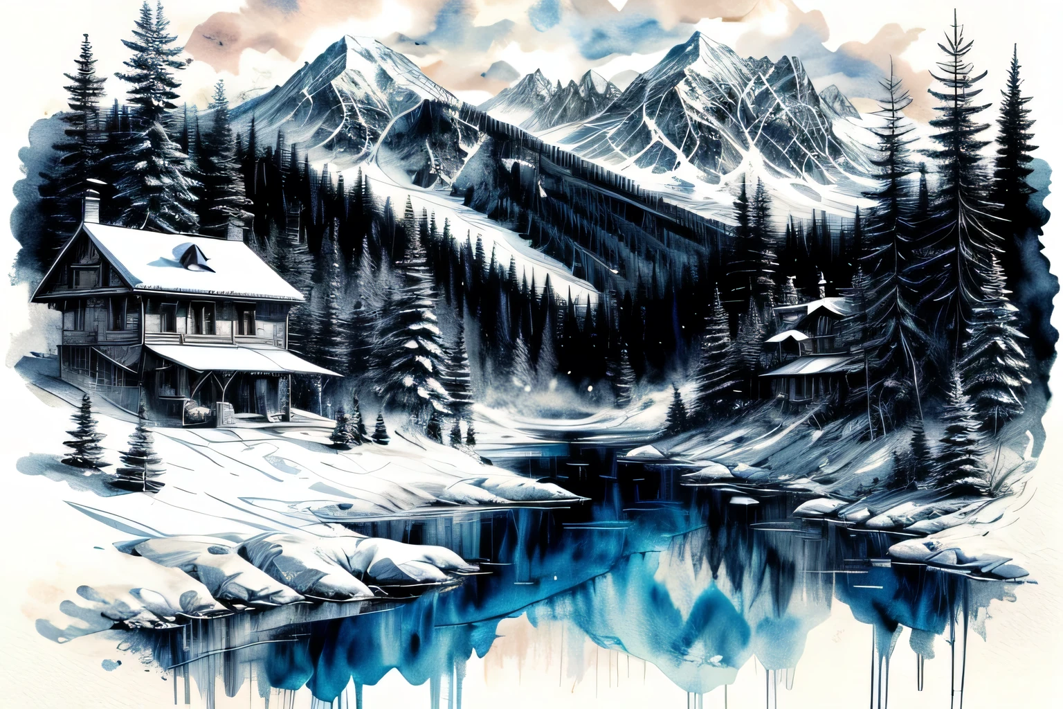 Ski resort, Interior, Watercolor, art, art, Fantastic illustrations, upscale, fairy tale, Fairytale, Monochrome