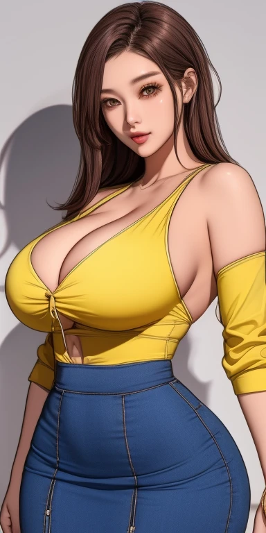Tianyu_haze, , yellow_shirt_blue_High waist_skirt, permanent, Solitary, Large Breasts, (((Large Breasts、Breast sagging、Low-cut,Cleavage ,Wide hips,)))((Long legs)),Hourglass figure)), , masterpiece, best quality, Delicate face, delicate eyes, High resolution,