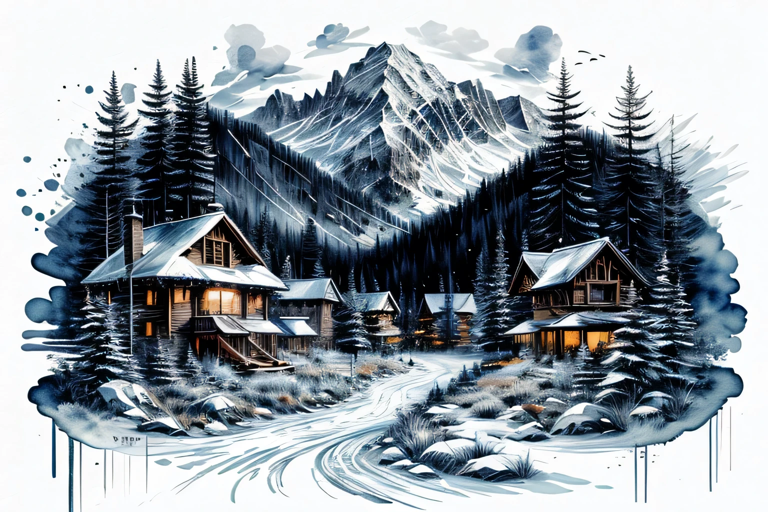 Ski resort, Interior, Watercolor, art, art, Fantastic illustrations, upscale, fairy tale, Fairytale, Monochrome