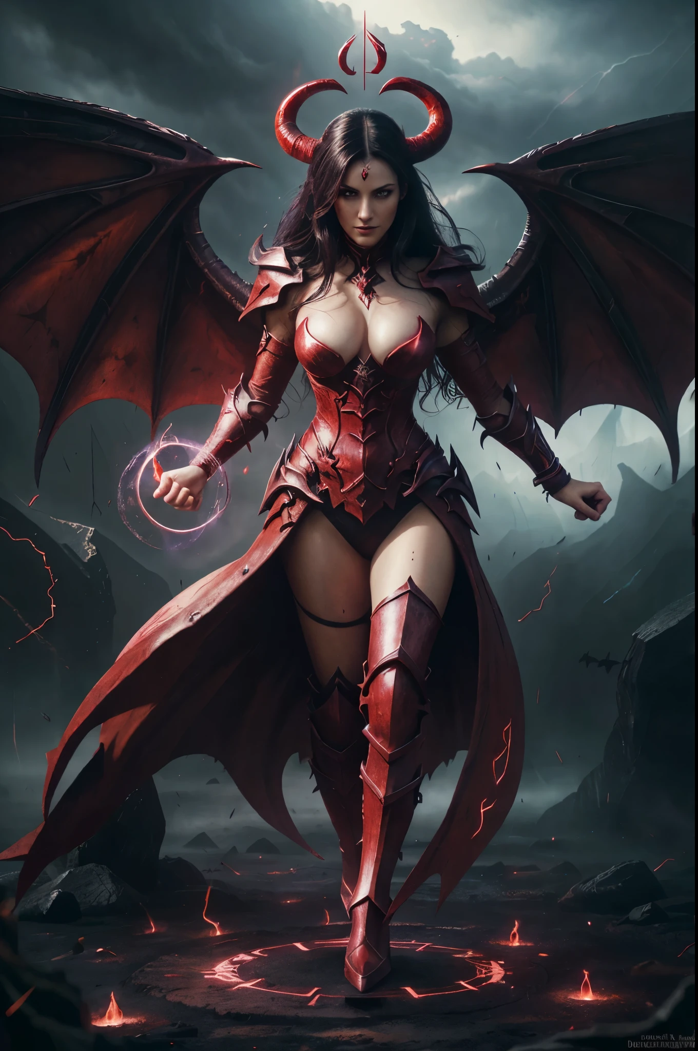 Photorealistic, (masterpiece: 1.2), concept art, intricate details, highly detailed, (1 woman, thin adult woman: 1.2), (bright red eyes: 0.8), black hair, faded with sideburns, (swirl magic style- : 0.8), looking at viewer, alone, medium shot, detailed background, detailed face, combat pose, devilish warrior, demon wings, dark magic armor, stern smile, crimson color scheme, dark scarlet light, summoning circle, evoking darkness, evil atmosphere, shadows, realistic lighting, floating particles, sparks, surrounded by violet lightning, summoning, red arcane symbols