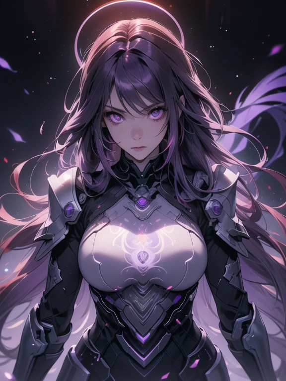 A goddess of dark, (Dark purple hair streaked glowing purple :1.4), (Gradient purple red hair ends:1.6), hair strand, absurdly long straight hair, shiny hair, floating hair, (((Glowing illusion purple eyes))), delicate eyes, aqua eyes, High like real eyes, ((glowing eyes)), makeup, Focus on face, Very detailed facial, sexy and fittness body, Random environment, Random pose, (((Floating in the sky of the city))), (((Floating on the dark clouds))), glowing clothing masterpiece, (((red glowing black armor))), (((Hand holding spinning black hole))), several colored crystal shard beside, purple lights swirl around the body, (((Large colorful glowing magic circle stand upright floating on the back))), full body shot, realism, chiaroscuro, (glowing light), sparkle, ray tracing, cinematic lighting, Futurism, motion blur, Ultra-Wide Angle, god rays, atmospheric perspective, best quality, UHD, super detail, masterpiece, highres, ccurate, retina, textured skin, super detail face, perfect face, Super fine facial details, beautiful and delicate eyes, perfect eyes, anatomically correct, correct limbs, correct figner, super detail figner, best hair quality, best clothing quality, best prop quality, best halo detail and quality, best magic circle detail and quality, complex halo detail,
