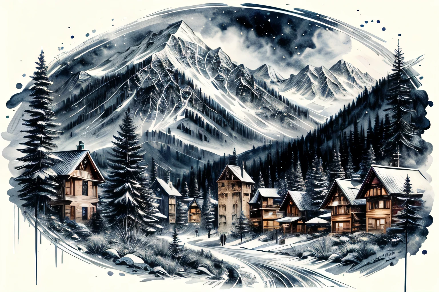 Ski resort, Interior, Watercolor, art, art, Fantastic illustrations, upscale, fairy tale, Fairytale, Monochrome