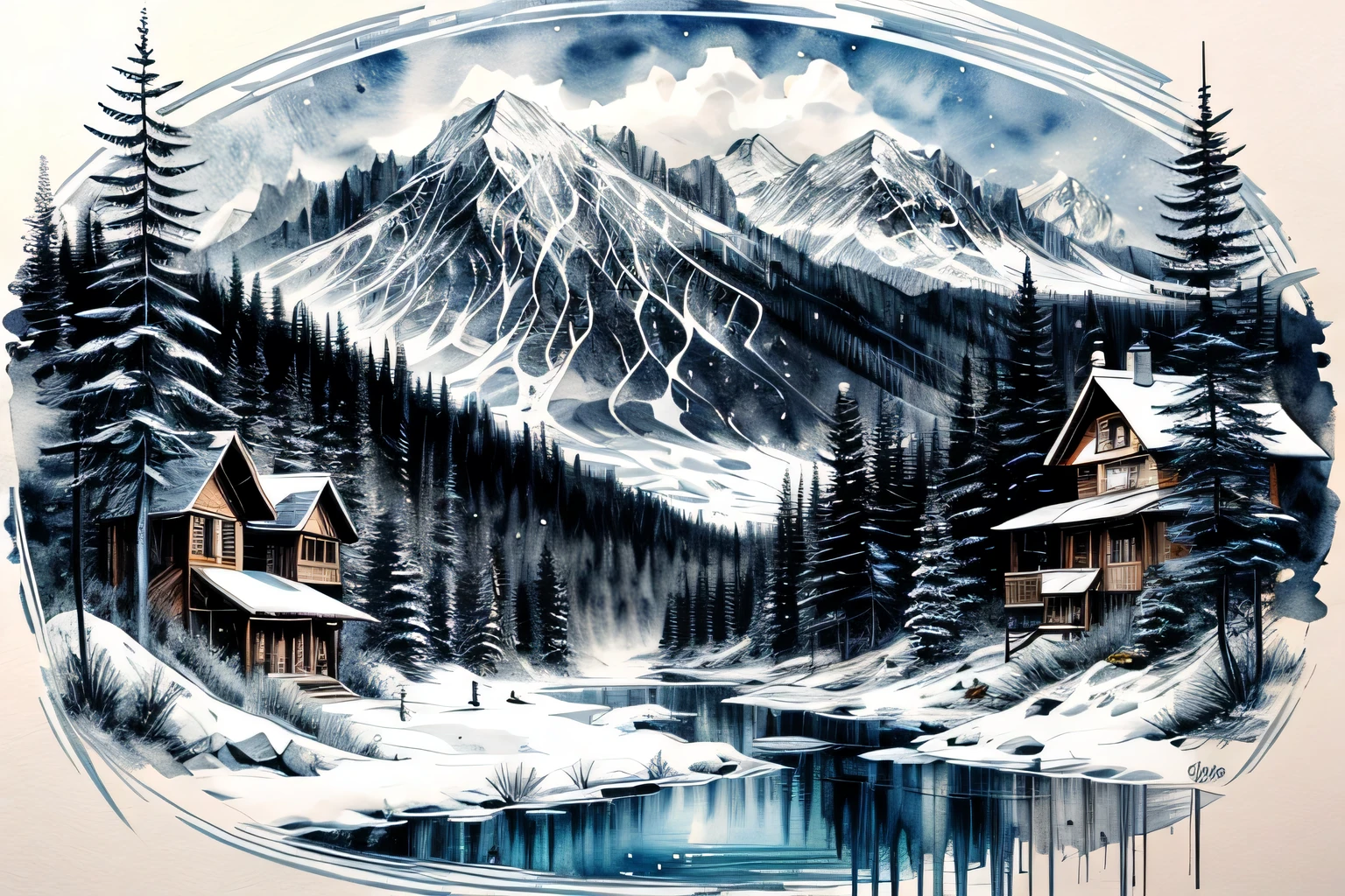 Ski resort, Interior, Watercolor, art, art, Fantastic illustrations, upscale, fairy tale, Fairytale, Monochrome