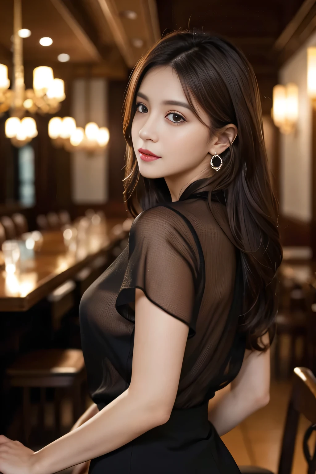 masterpiece, highest quality, Realistic, Very detailed, Finer details, High resolution, 8k wallpaper, One beautiful woman, Wear an elegant black see-through blouse, In a great restaurant, At night, Light brown messy hair, Perfect dynamic composition, Beautiful and beautiful eyes、Big earrings