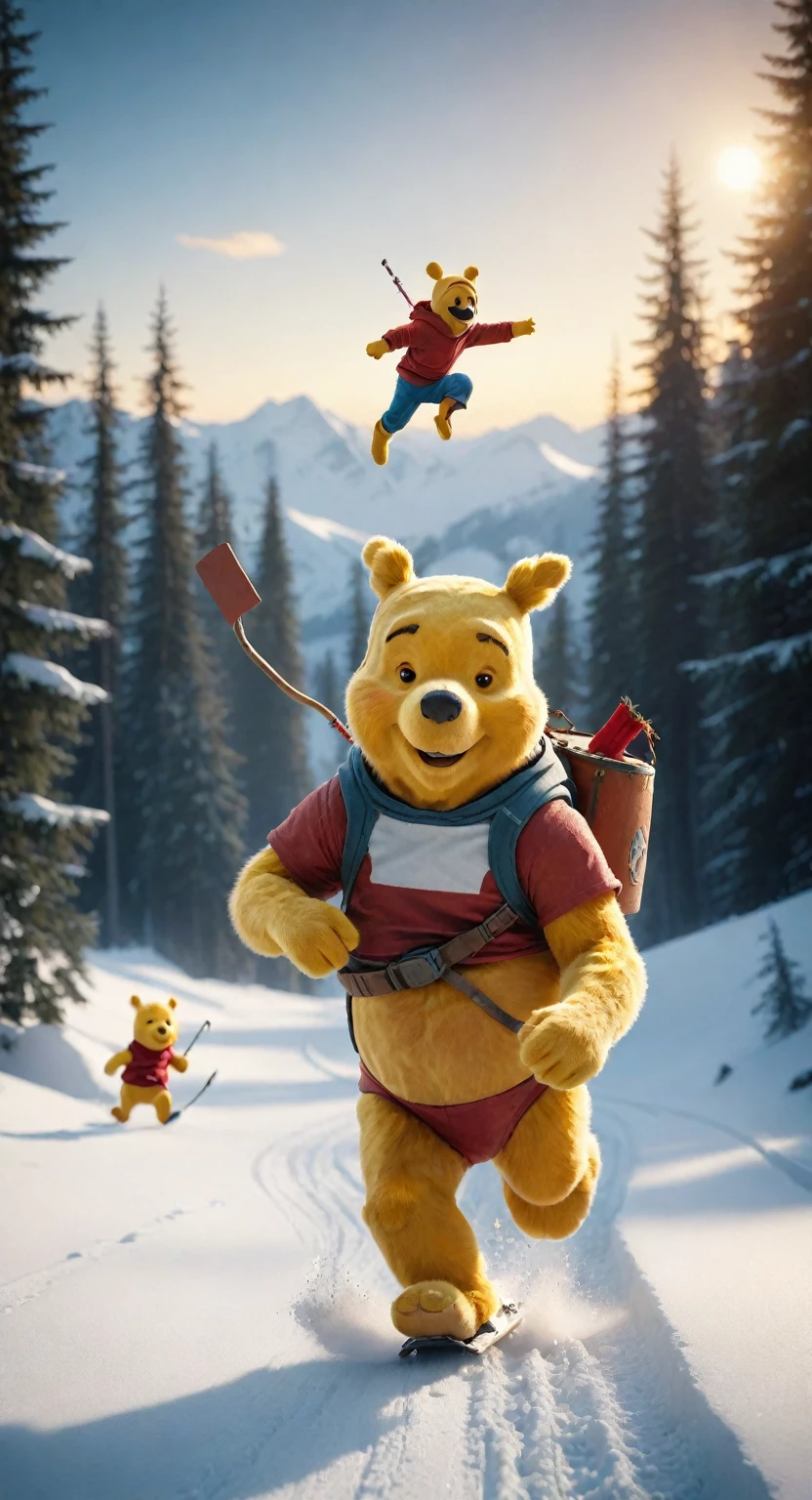 crazy skier Goofy runs away from an angry Winnie the Pooh chasing him, lost money from a broken barrel of honey. The camera's gaze is perfectly balanced, with shallow depth of field and precise features in focus. **Composition:** * Organic space ship centerpiece * Wojtek fus in foreground, gazing out at the cosmos * Cinematic lighting with warm vibrant tones and dramatic highlights **Technical Specifications:** * Resolution: 8K * Color Bit Depth: 32-bit * Model Polygons: One Billion * Lighting Style: Cinematic, with warm vibrant tones and dramatic highlights