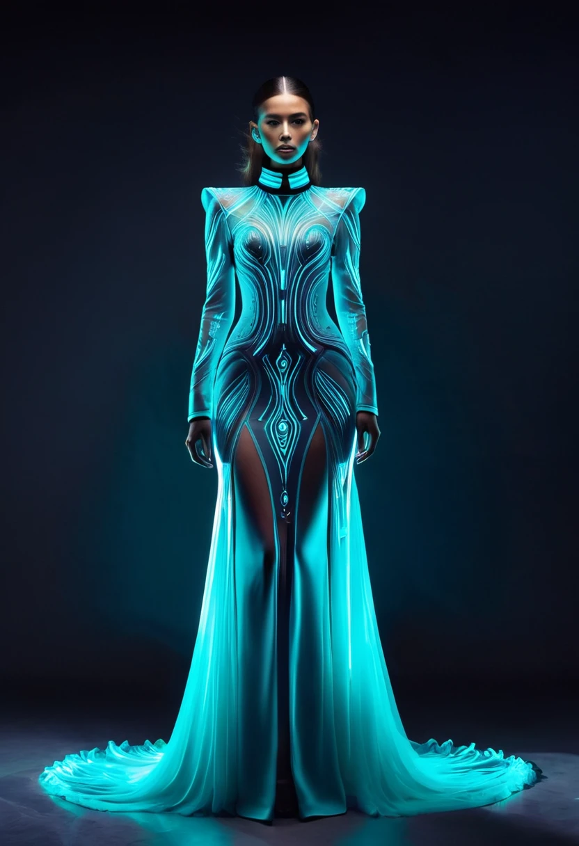 advance hi-tech futuristic bioluminescent haute couture fashion, fashion style, photo model, high collar fashion, long dress, full body torso, complex ornament, complex accesories, hair dress, translucent color, epic realism, UHD, ultra detailed, magazine model photo, cinematic photo