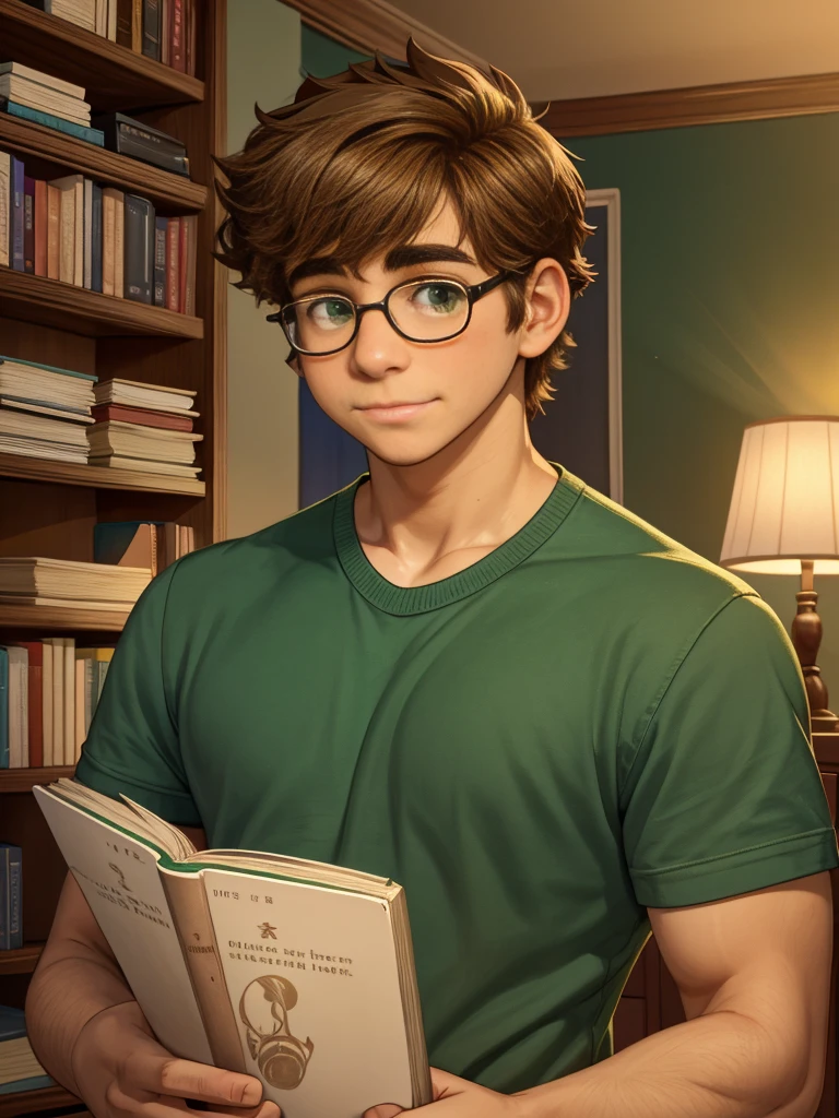 Cute, nerdy boy, brown hair, delicate face, beautiful face, shy expression and flushed cheeks, green eyes, delicate mouth, strong body. He's wearing round glasses, nerdy clothes, holding books. Scene, 's room.