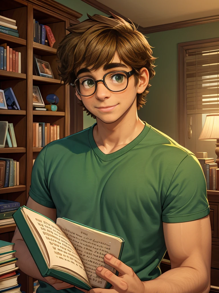 Cute, nerdy boy, brown hair, delicate face, beautiful face, shy expression and flushed cheeks, green eyes, delicate mouth, strong body. He's wearing round glasses, nerdy clothes, holding books. Scene, teenager's room.