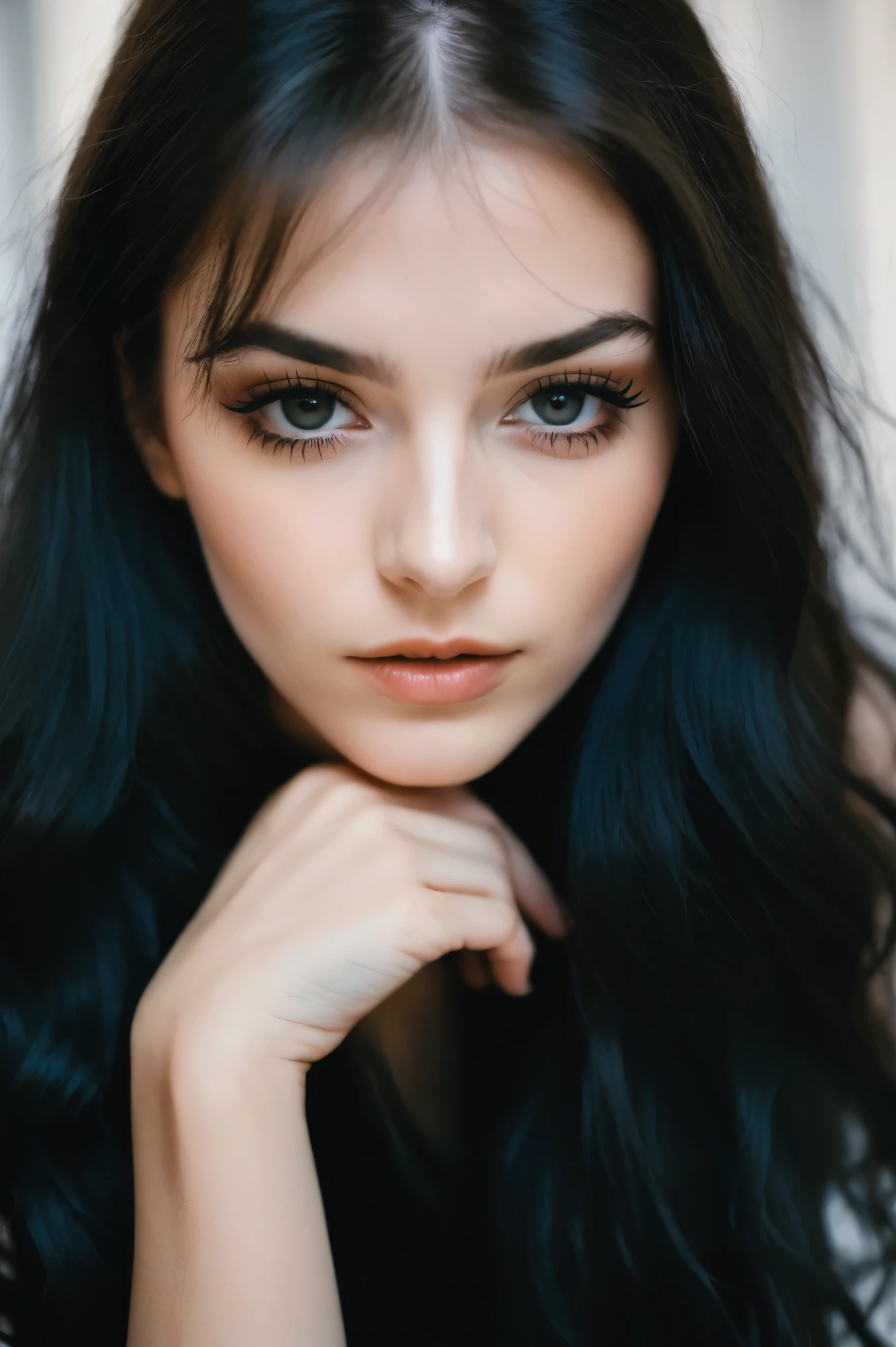 26 y.o. russian girl, eyeshadow, long eyelashes, (messy hair:0.6), film photography aesthetic, long black hair, dynamic composition, skin texture, sharp focus, hard shadows