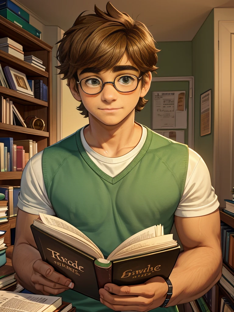 Cute, nerdy boy, brown hair, delicate face, beautiful face, shy expression and flushed cheeks, green eyes, delicate mouth, strong body. He's wearing round glasses, nerdy clothes, holding books. Scene, teenager's room.
