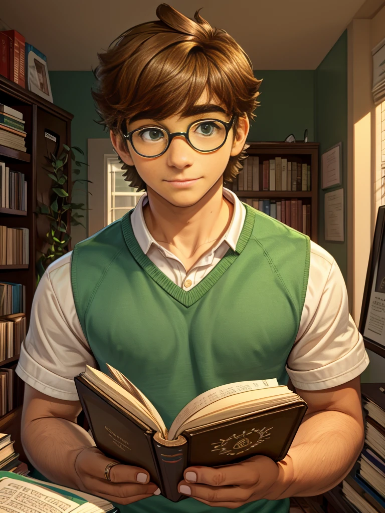 Cute, nerdy boy, brown hair, delicate face, beautiful face, shy expression and flushed cheeks, green eyes, delicate mouth, strong body. He's wearing round glasses, nerdy clothes, holding books. Scene, teenager's room.