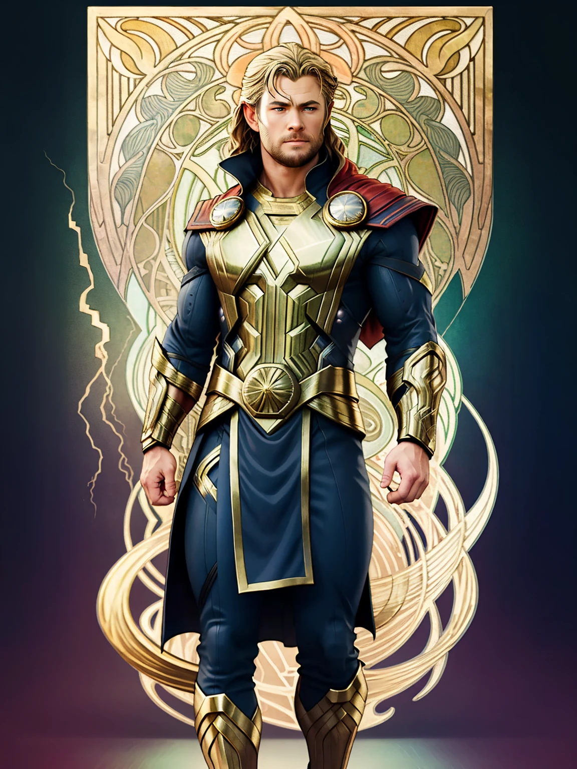 ((Art Nouveau Style)); Chris Hemsworth as Thor in a stoic pose; ((Traditional Thor outfit)); standing; Marvel Comics style; ultrarealistic skin, ultrarealistic face; ultrarealistic body; ((ultrarealistic gold ornaments)); detailed skin; ultra detailed eyes; ultra detailed face; full body symmetrical with thick lines, Fibonacci, golden ratio, 3D metal structure tessellation, neural graphic, neurons, color, love, passion, incredibly detailed, 8k, masterpiece, artstation, surreal
