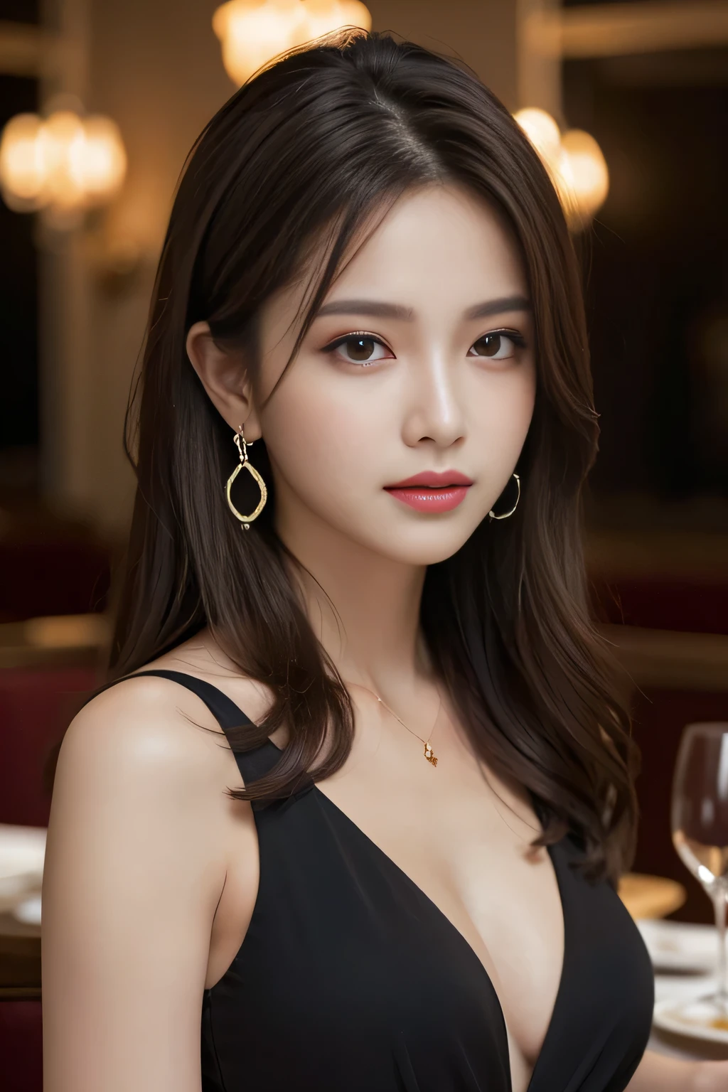 masterpiece, highest quality, Realistic, Very detailed, Finer details, High resolution, 8k wallpaper, One beautiful woman, Wear an elegant black see-through blouse, In a great restaurant, At night, Light brown messy hair, Perfect dynamic composition, Beautiful and beautiful eyes、Big earrings