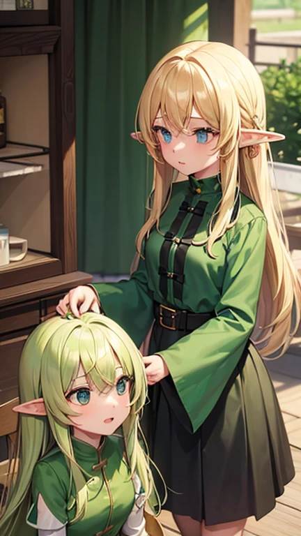 1girls, elf girl, blonde Haare, lange Haare, green clothes