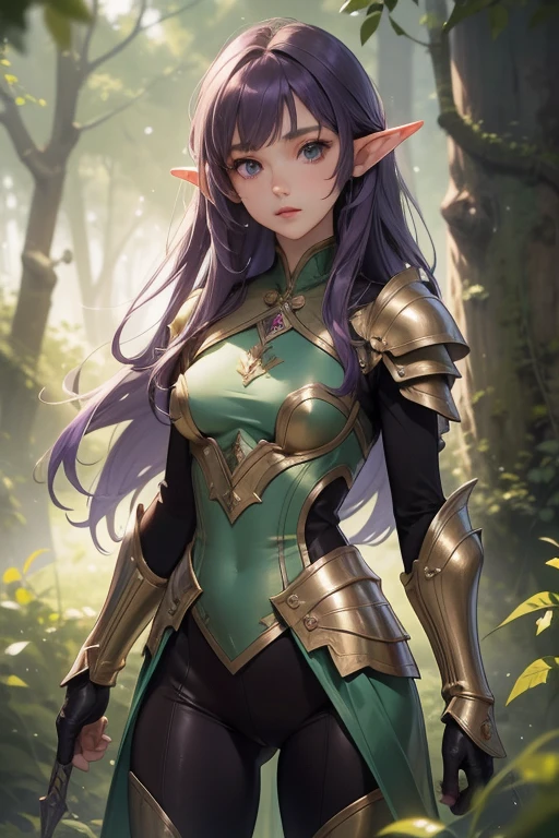 1.5, best quality, high quality, High definition, High quality texture, High quality shadow, high detail, beautiful detailed, finely detailed, extremely detailed cg, detailed texture, 1girl, 18 years old, elf ears, purple hair, long hair, small armor, bodysuit, kind look, green eyes, wooded area, regular girl