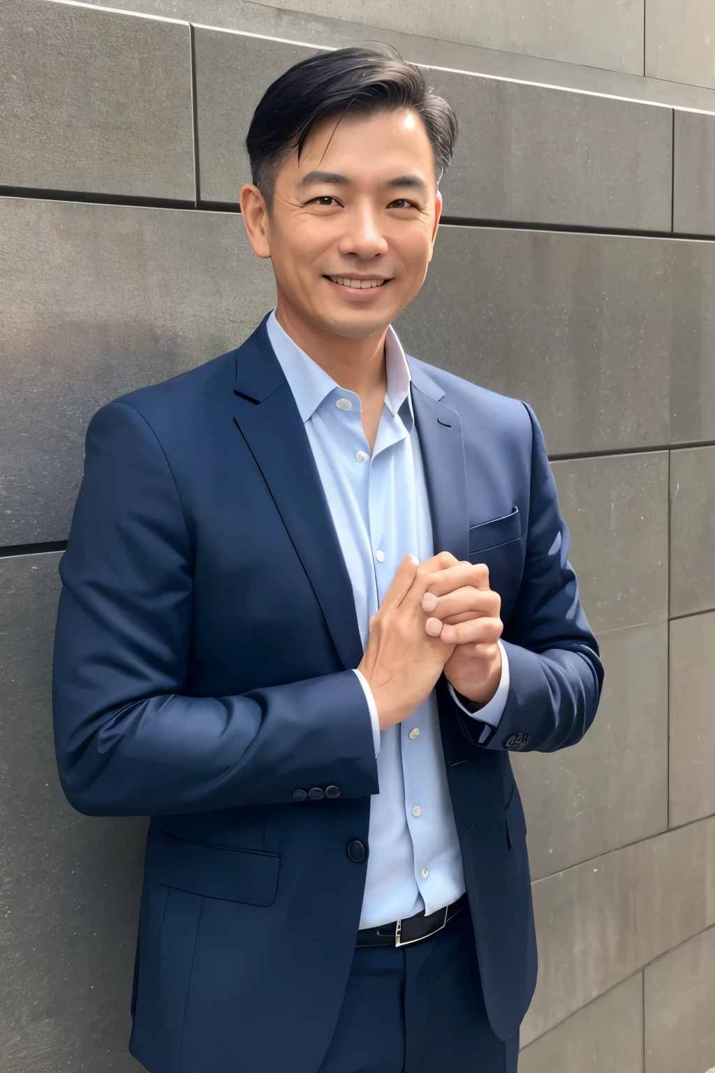 A refreshing Asian man in his 40s、Wearing a suit、Hands clasped together、Time: Morning、A gentle, cheerful smile、A trustworthy personality、Background is white