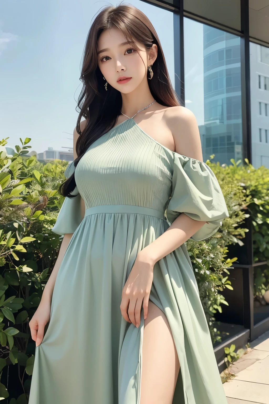 녹색 dress를 입고 거리를 걷고 있는 아라페 여성, 가벼운 반 오픈 dress, 2263539546], 1285445247], olive, dress, full-length view, 세련된 dress, 심플한 dress, middle, 밝은 녹색 dress, 긴 dress, 긴 dress female, 2 0 2 0 fashion, Look at