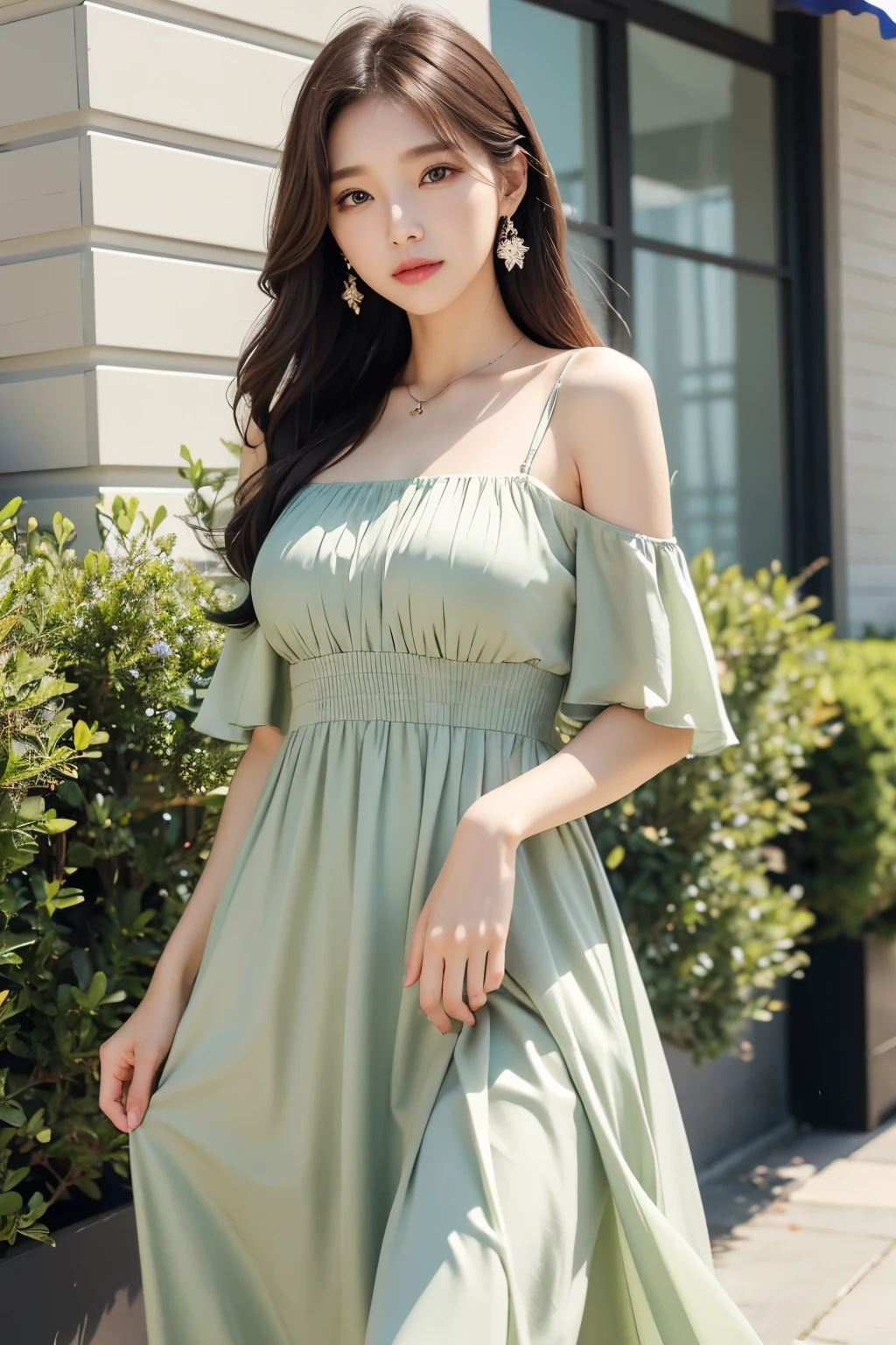 녹색 dress를 입고 거리를 걷고 있는 아라페 여성, 가벼운 반 오픈 dress, 2263539546], 1285445247], olive, dress, full-length view, 세련된 dress, 심플한 dress, middle, 밝은 녹색 dress, 긴 dress, 긴 dress female, 2 0 2 0 fashion, Look at