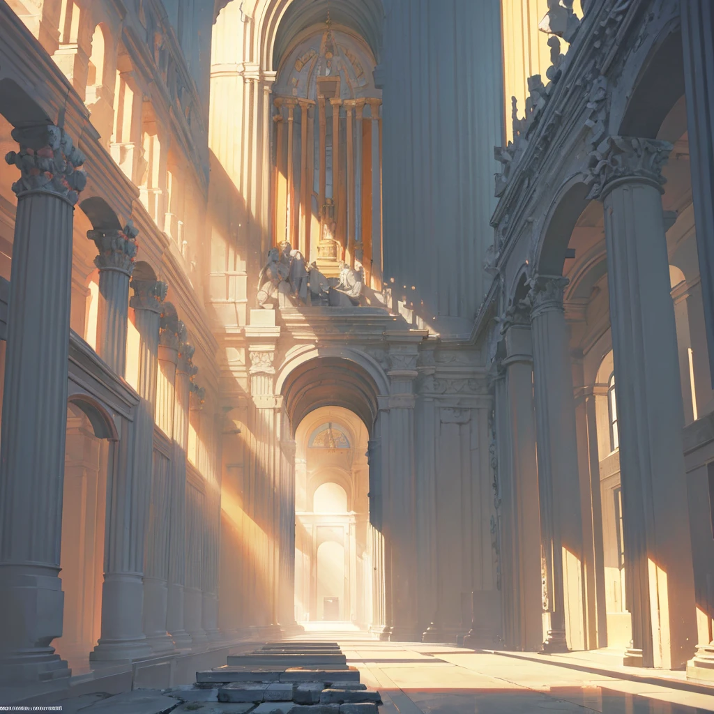 Roman temple, sunlight entering through the pilasters. Interior of a Roman temple, with large columns... High definition, ultra HD 4k.