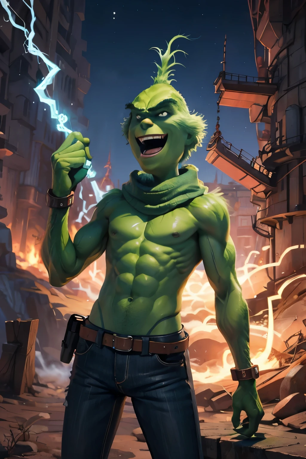 ((masterpiece,best quality)), absurdres,
(energy, aura, electricity,:1.1) ,
muscular, Grinch,
Grinch_Classic, (green skin, green fur:1.1),
1boy, laughing, serious, looking at viewer, cowboy shot, r1ge, blue aura, electricity, big biceps, shirtless, black pants