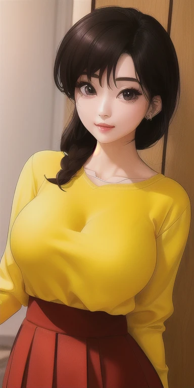Tianyu_haze, , yellow_sweater_Red_skirt, permanent, Solitary, Large Breasts, (((Large Breasts、Breast sagging、Low-cut,Cleavage ,Wide hips,)))((Long legs)),Hourglass figure)), , masterpiece, best quality, Delicate face, delicate eyes, High resolution,