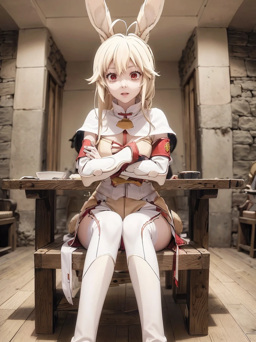 (rabbit girl)(best quality,high resolution, masterpiece:1.2), female focus, (girl sitting in a tabern:1.6), (one girl:1.5), (free hands), beautiful eyes, (white hair:1), detailed eyes, (rabbit ears), (red eyes:1.2), white cloak, big smile, open mouth, fleshy lips, hair ornament, beer tankard, leather armor, Clothes made of tanned leather, armored minidress, detached sleeves, wrist guard, white thighhighs, shin guards, armoed boots, perfect quality, good quality, masterpiece, (arms crossed1.2), looking at the viewer, Prepare-se para mergulhar em um mundo onde a beleza e o artesanato se fundem perfeitamente, anatomically correct. ultra nitidez