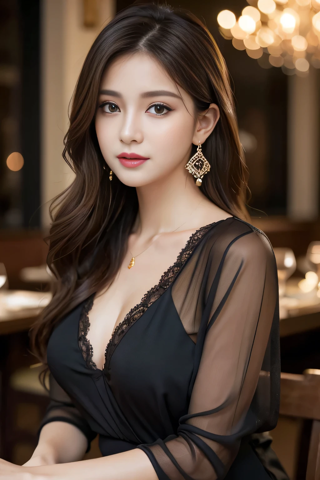 masterpiece, highest quality, Realistic, Very detailed, Finer details, High resolution, 8k wallpaper, One beautiful woman, Wear an elegant black see-through blouse, In a great restaurant, At night, Light brown messy hair, Perfect dynamic composition, Beautiful and beautiful eyes、Big earrings