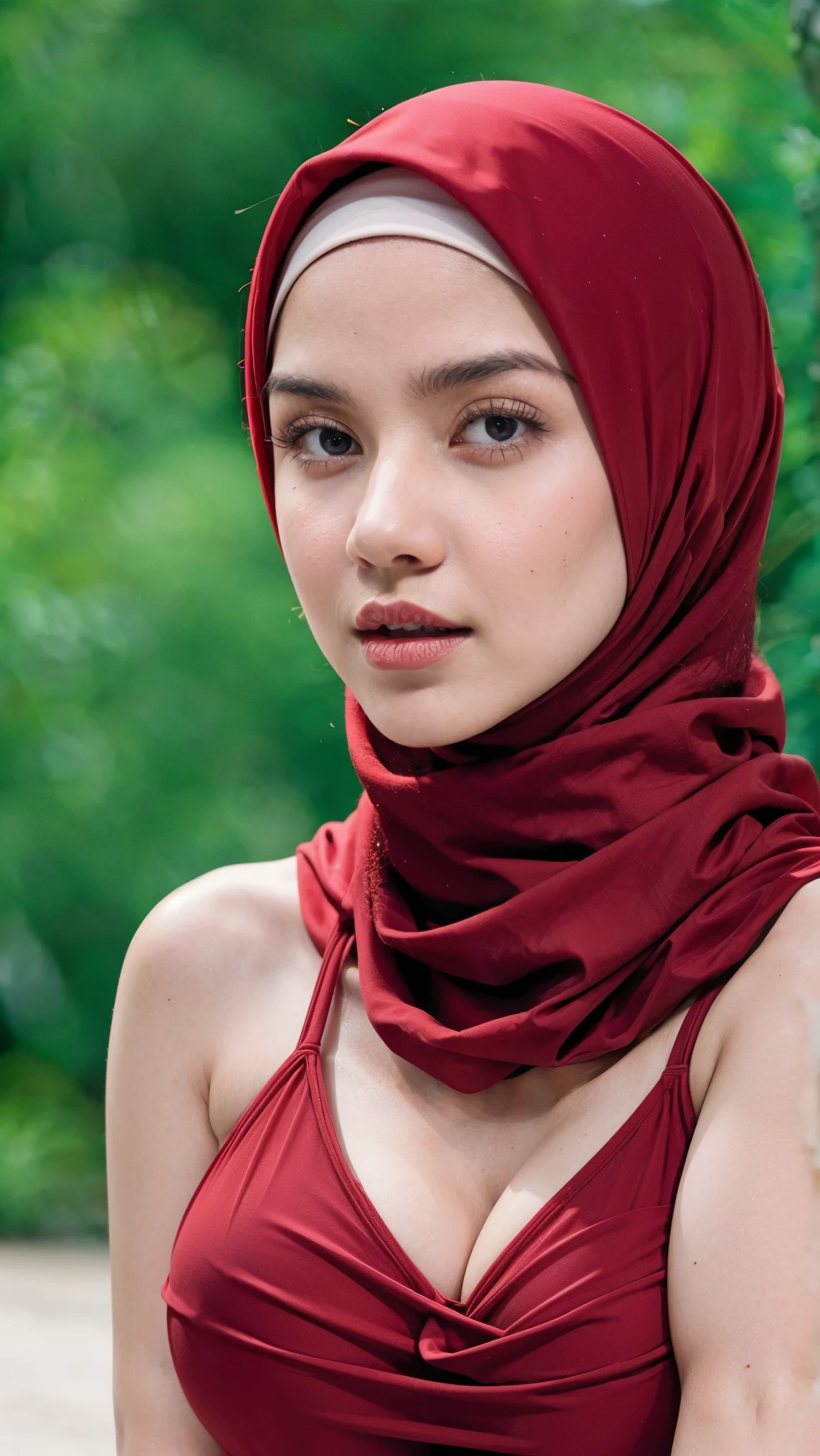 A woman with red hijab, Realistic, Photorealistic, 8K, Masterpiece, Best Quality, High Definition, Live Action, RAW Photo, Single Woman, Beautiful Body,Cleavage, Sexy, red Competitive Swimsuit, 