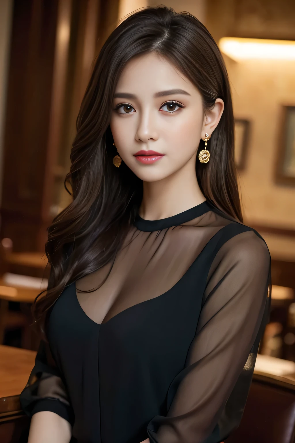 masterpiece, highest quality, Realistic, Very detailed, Finer details, High resolution, 8k wallpaper, One beautiful woman, Wear an elegant black see-through blouse, In a great restaurant, At night, Light brown messy hair, Perfect dynamic composition, Beautiful and beautiful eyes、Big earrings