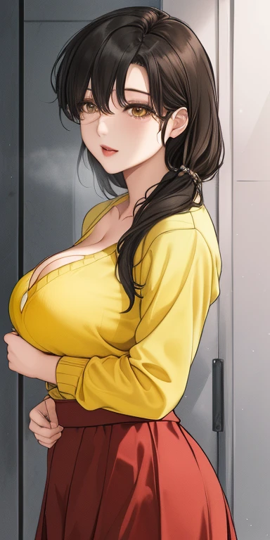 Tianyu_haze, , yellow_sweater_Red_skirt, permanent, Solitary, Large Breasts (((Large Breasts、Breast sagging、Low-cut，Cleavage ，Wide hips,)))((Long legs)),Hourglass figure)), ,, masterpiece, best quality, Delicate face, delicate eyes, High resolution,