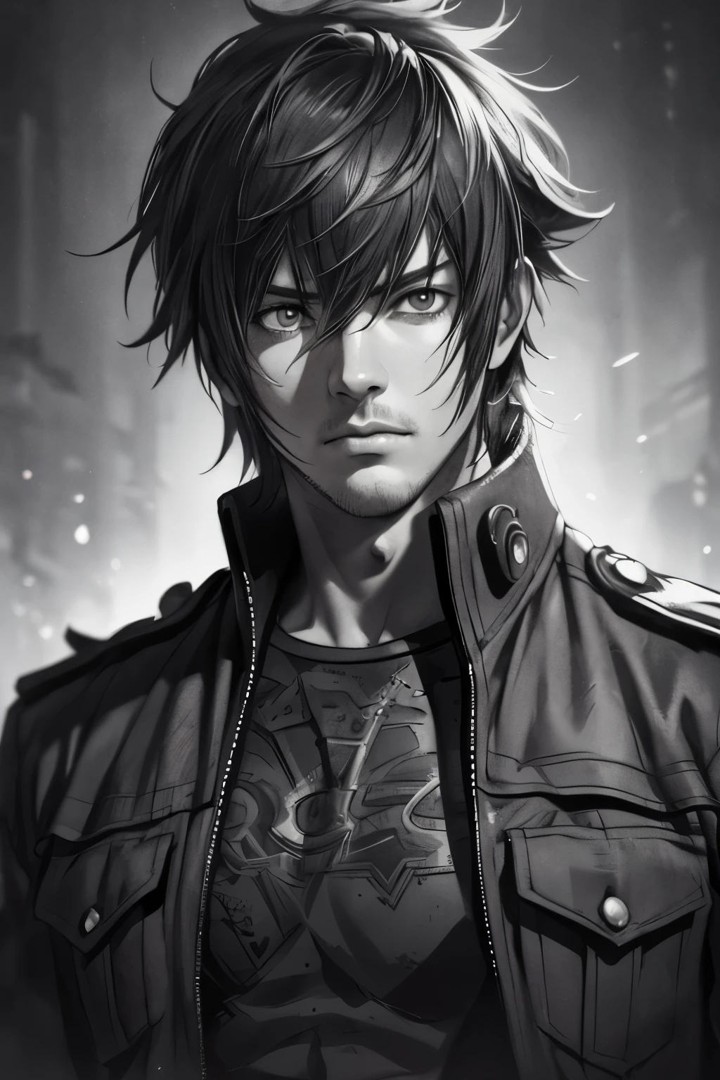 A man in a mugshot, sketch, noctis lucis, black and white, detailed features, vintage style, high contrast lighting. (best quality, highres, realistic:1.37), vintage, monochrome, intense gaze, dramatic lighting, rugged background, distressed paper texture, retro vibes, id photo, front view